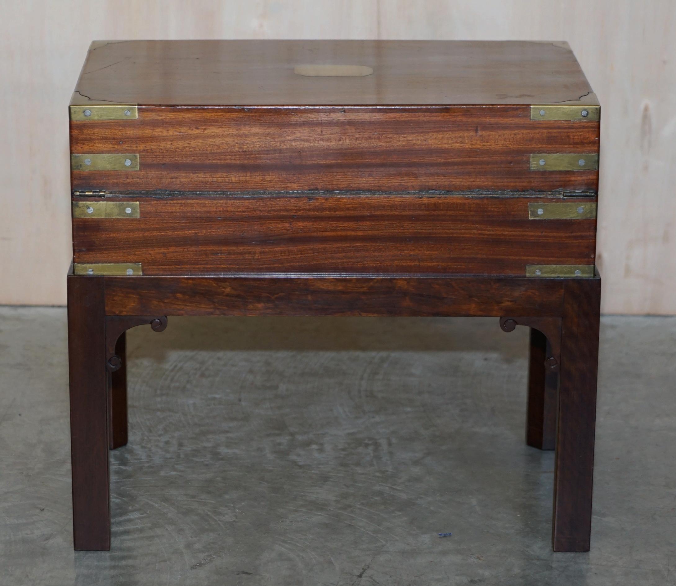 Exquisite Antique Hardwood Military Campaign Writing Slope Desk & Later Stand For Sale 4
