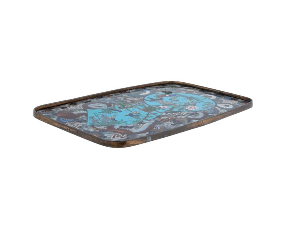 Cloissoné Exquisite Antique Meiji Japanese Cloisonne Tray Featuring Dragons in Clouds, Att For Sale