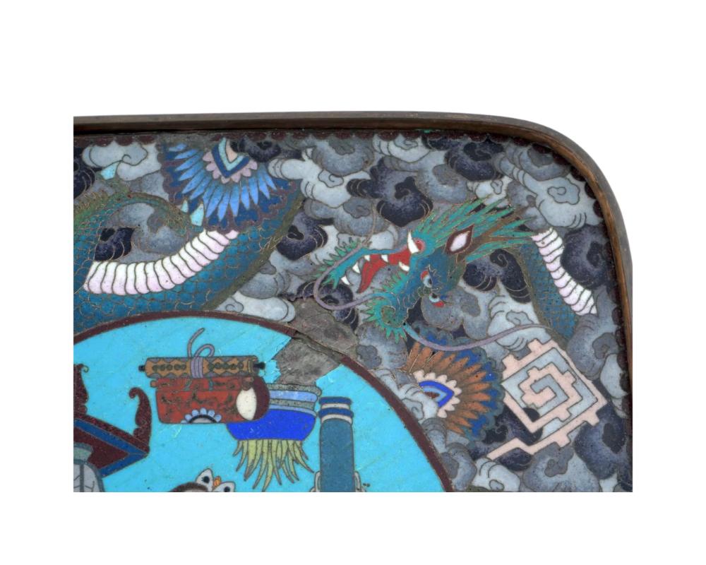Enamel Exquisite Antique Meiji Japanese Cloisonne Tray Featuring Dragons in Clouds, Att For Sale