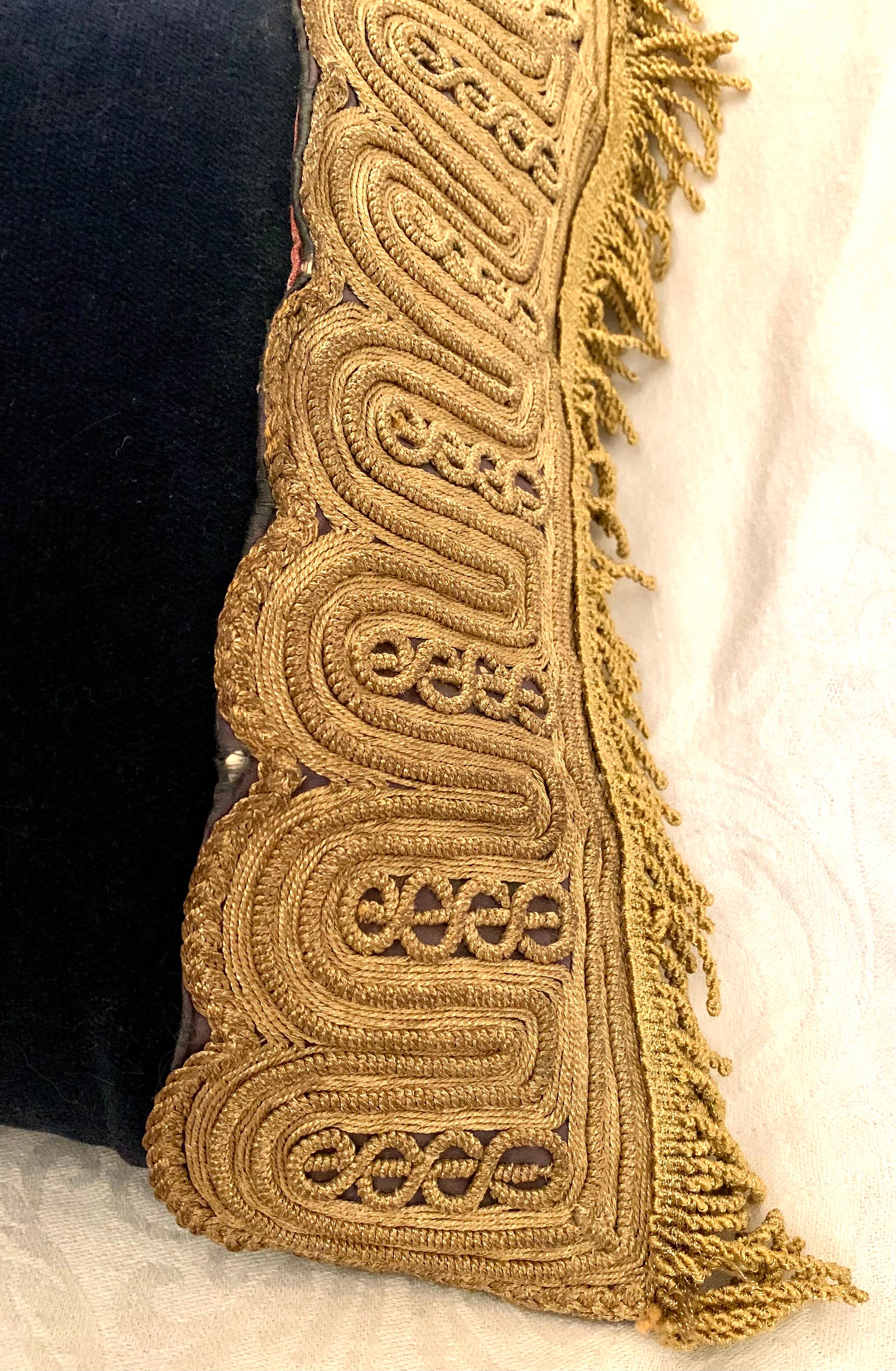 Hand-Crafted Exquisite Antique Metallic Gold Thread Hand Embroidered Blue Velvet Pillow For Sale