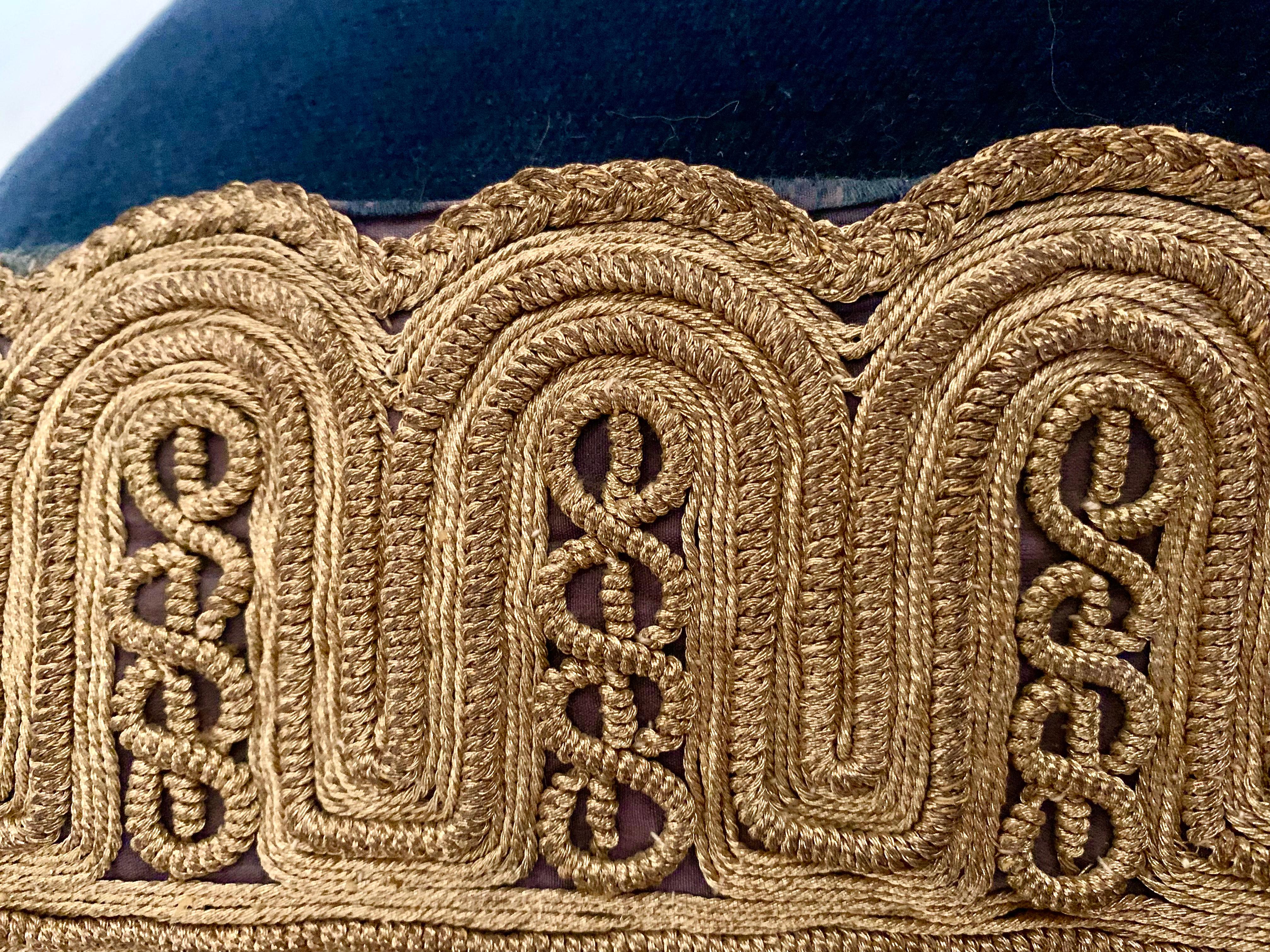 19th Century Exquisite Antique Metallic Gold Thread Hand Embroidered Blue Velvet Pillow For Sale