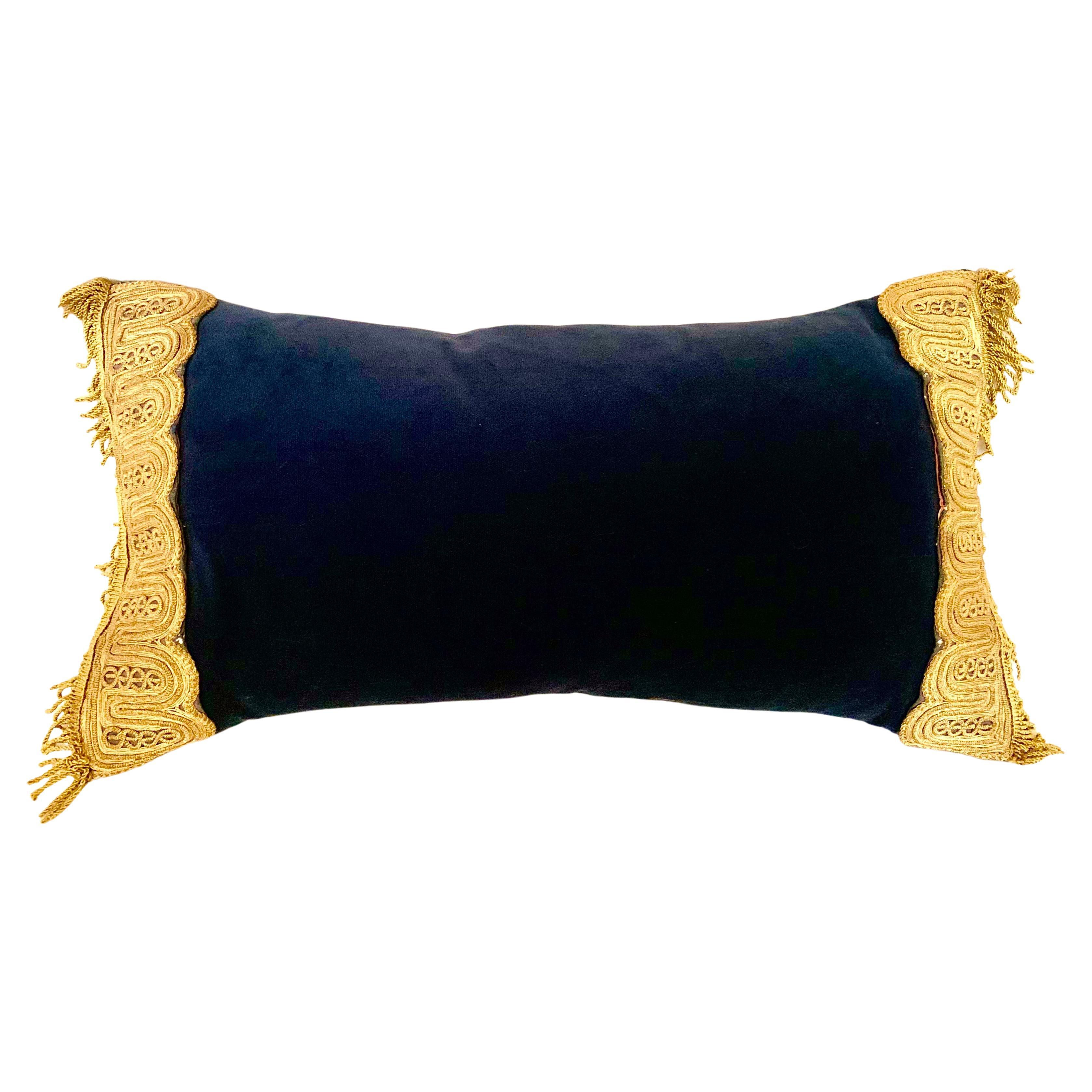 Exquisite Antique Metallic Gold Thread Hand Embroidered Blue Velvet Pillow For Sale