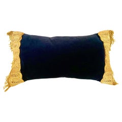 Exquisite Antique Metallic Gold Thread Hand Embroidered Blue Velvet Pillow