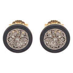 Exquisite Antique Onyx Diamond Platinum and Gold Stud Earrings