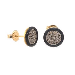 Exquisite Antique Onyx Diamond Platinum and Gold Stud Earrings