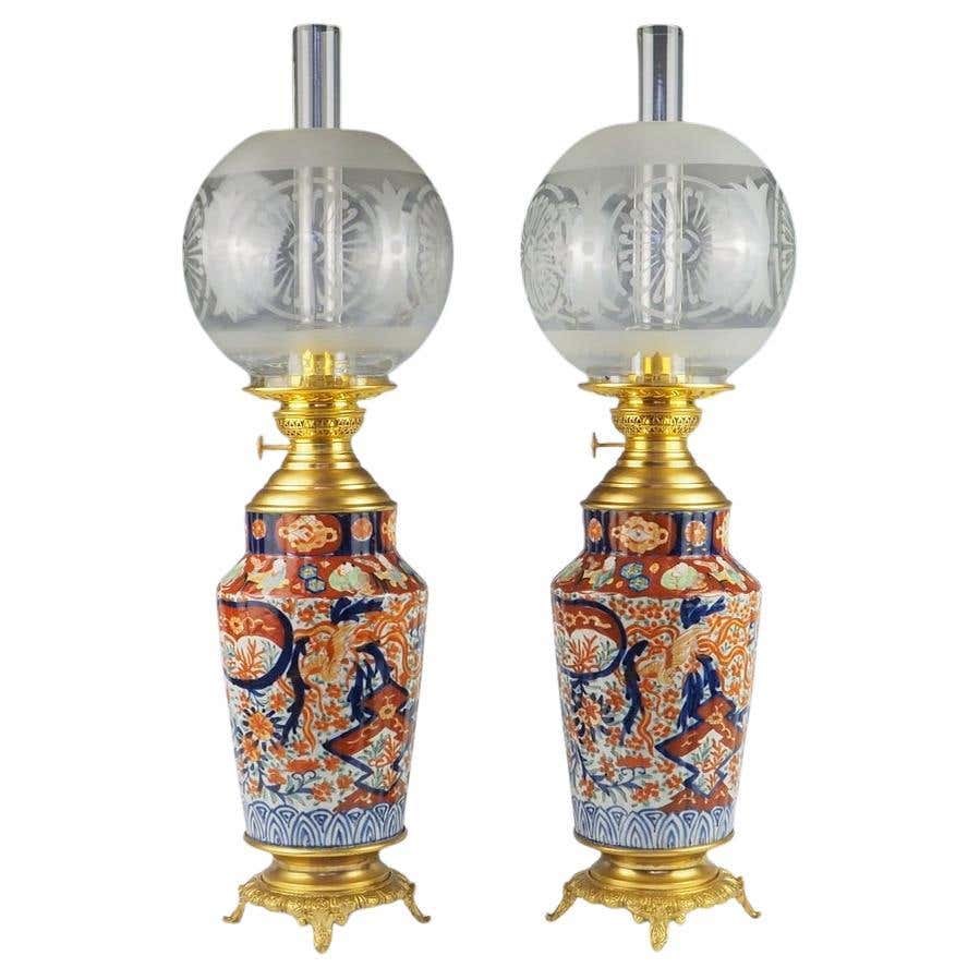 Exquisite Antique Pair of Japanese Imari Porcelain Oil Table Lamps For ...