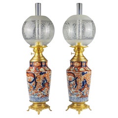 Exquisite Antique Pair of Japanese Imari Porcelain Oil Table Lamps