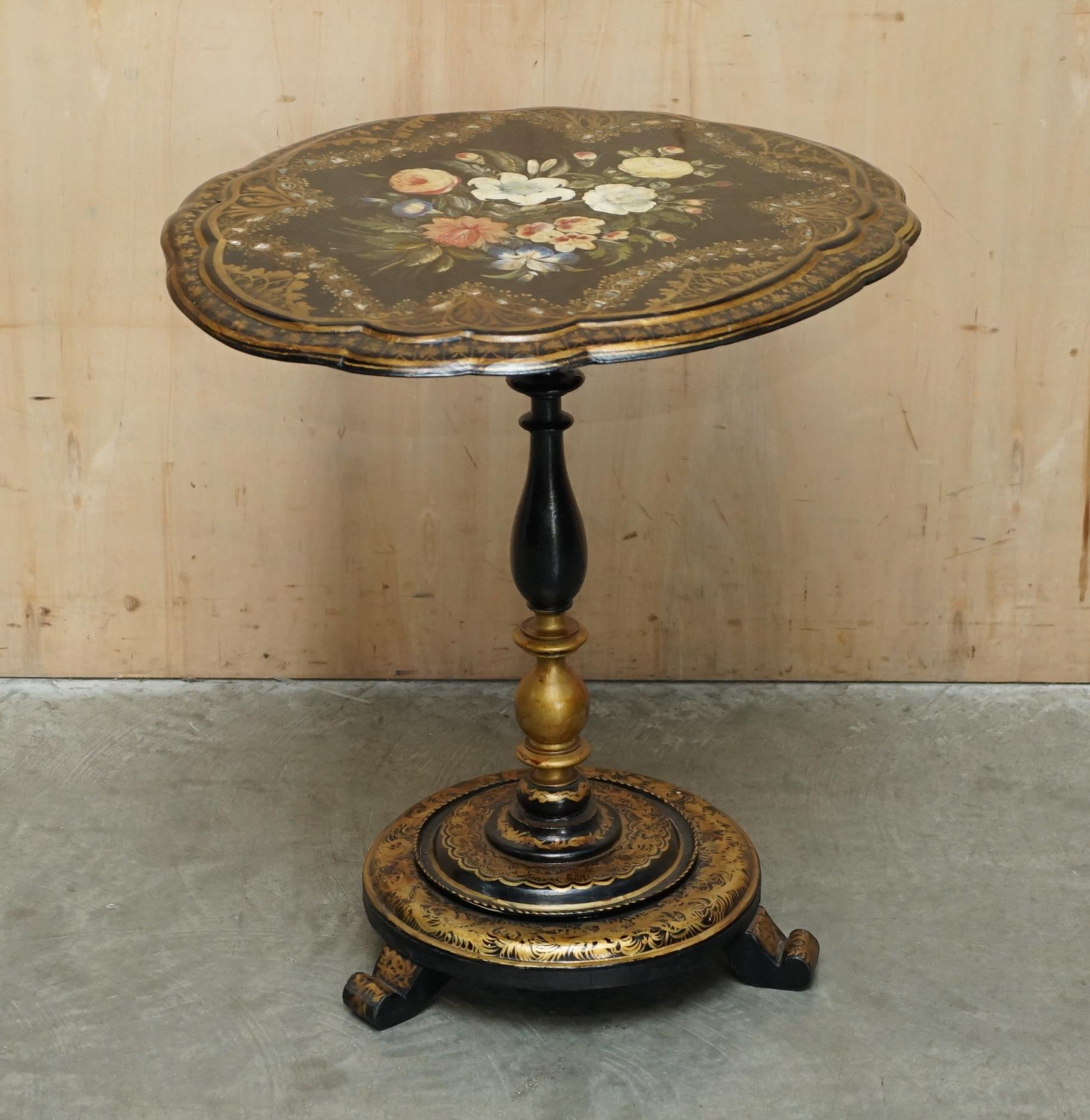 Royal House Antiques

Royal House Antiques is delighted to offer for sale this very fine Antique Regency circa 1810-1820 black lacquered with Mother of Pearl inlaid and hand painted floral finish tilt top occasional table

Please note the delivery