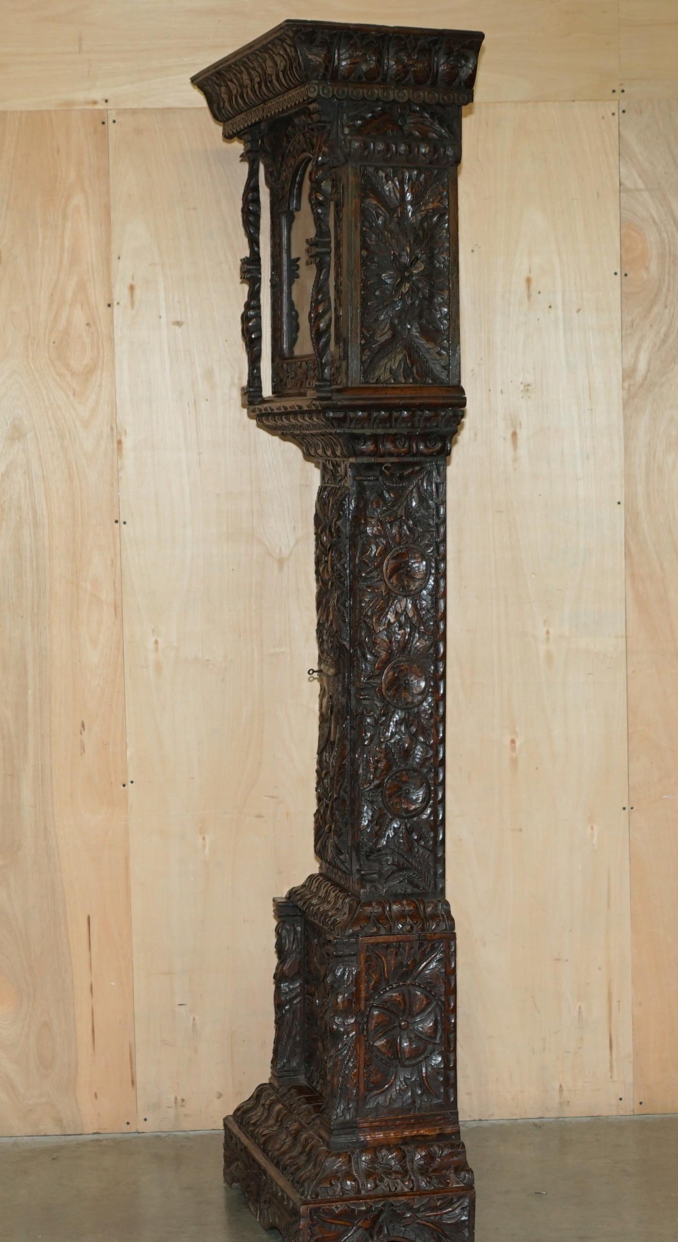 EXQUISiTE ANTIQUE RESTORED HAND CARVED GRANDFATHER CLOCK CASE DEPICTING A KING For Sale 12