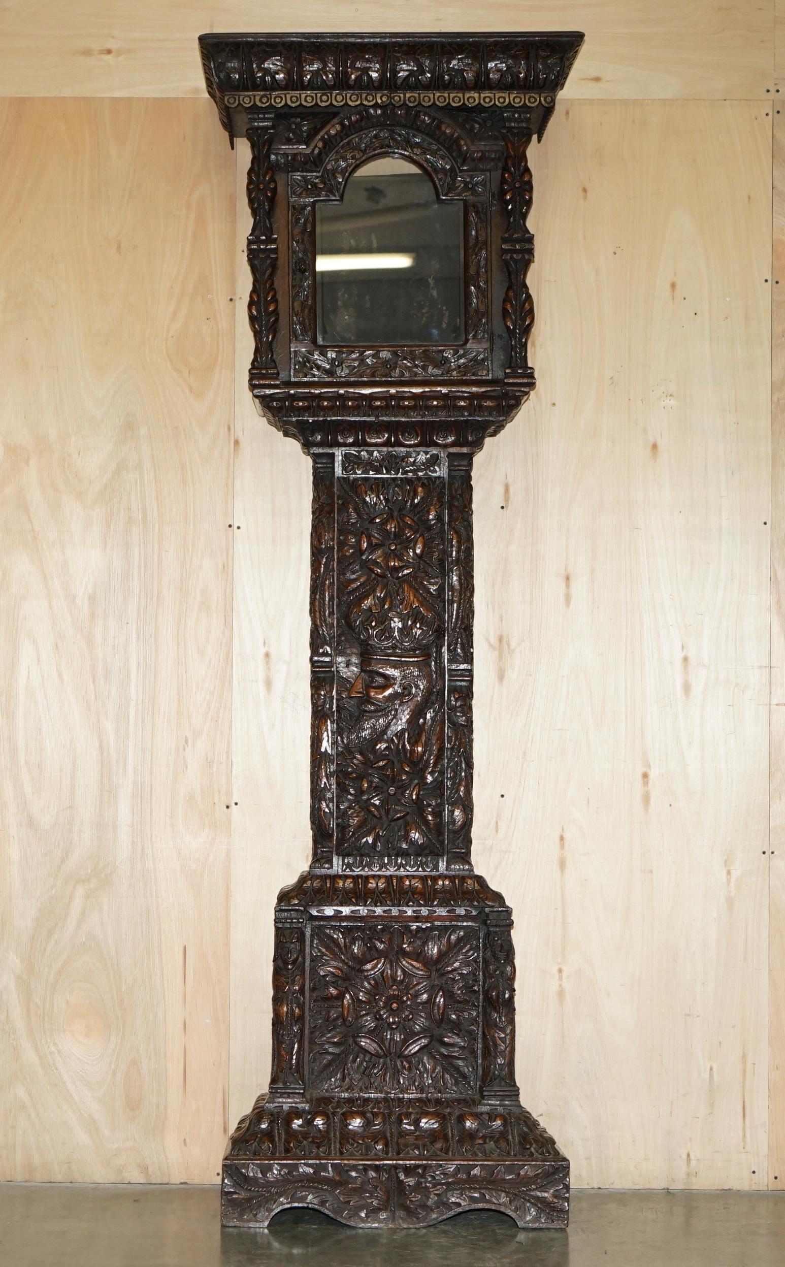 Georgian EXQUISiTE ANTIQUE RESTORED HAND CARVED GRANDFATHER CLOCK CASE DEPICTING A KING For Sale