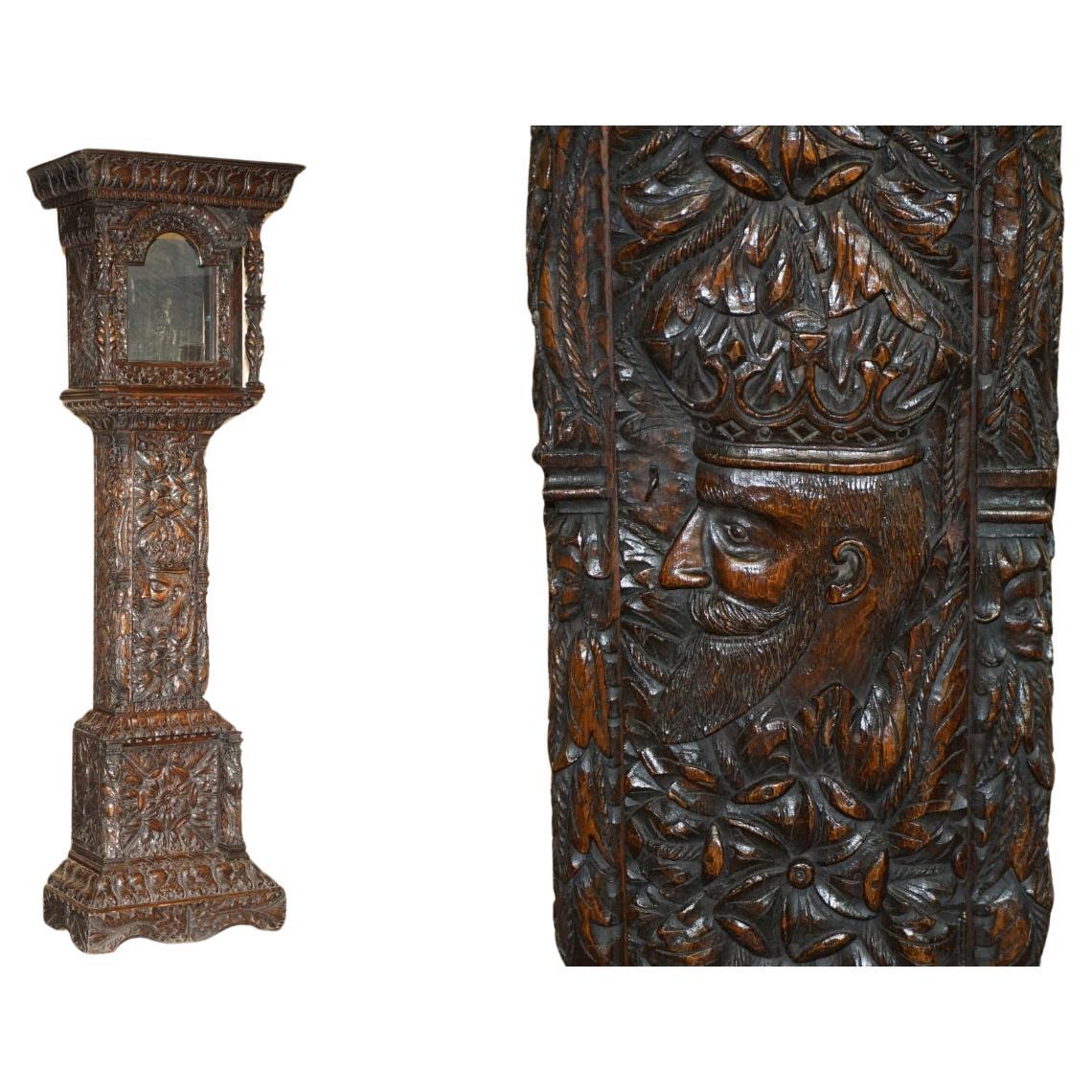 EXQUISiTE ANTIQUE RESTORED HAND CARVED GRANDFATHER CLOCK CASE DEPICTING A KING