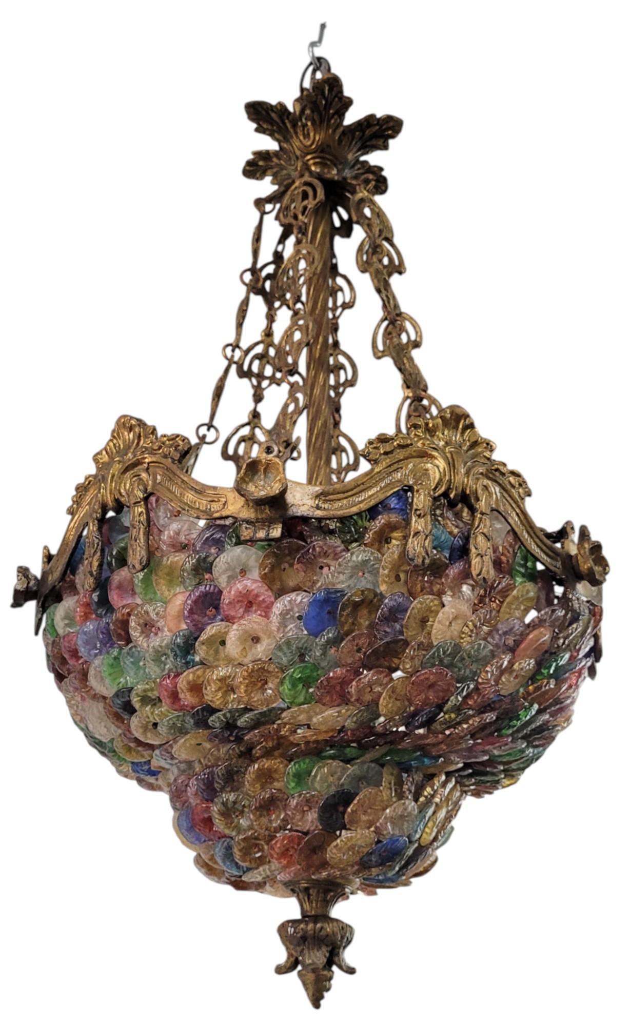 Gilt Bronze Venetian Multi-Colored Glass Pastille Chandelier For Sale 2