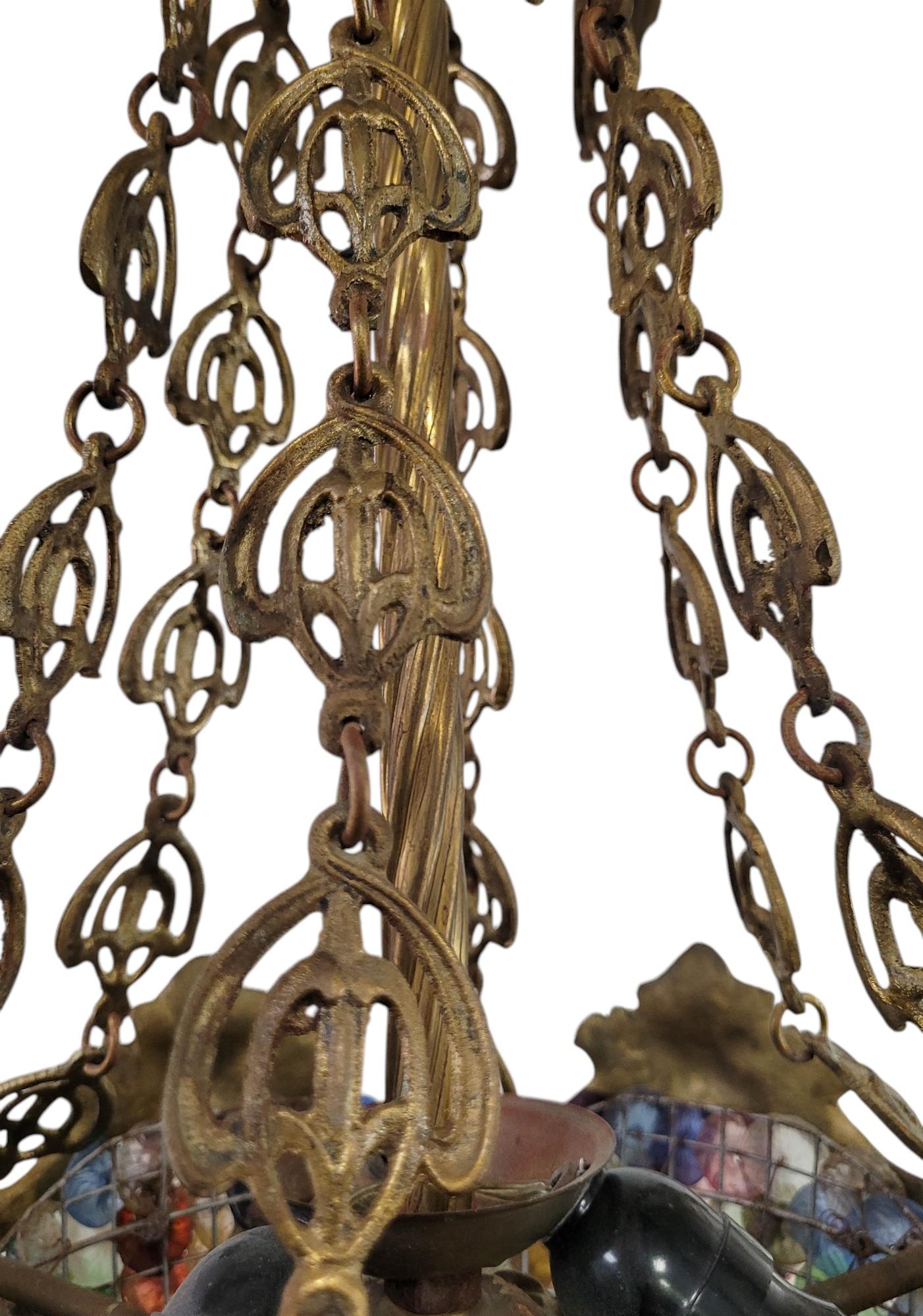 Mid-20th Century Gilt Bronze Venetian Multi-Colored Glass Pastille Chandelier For Sale