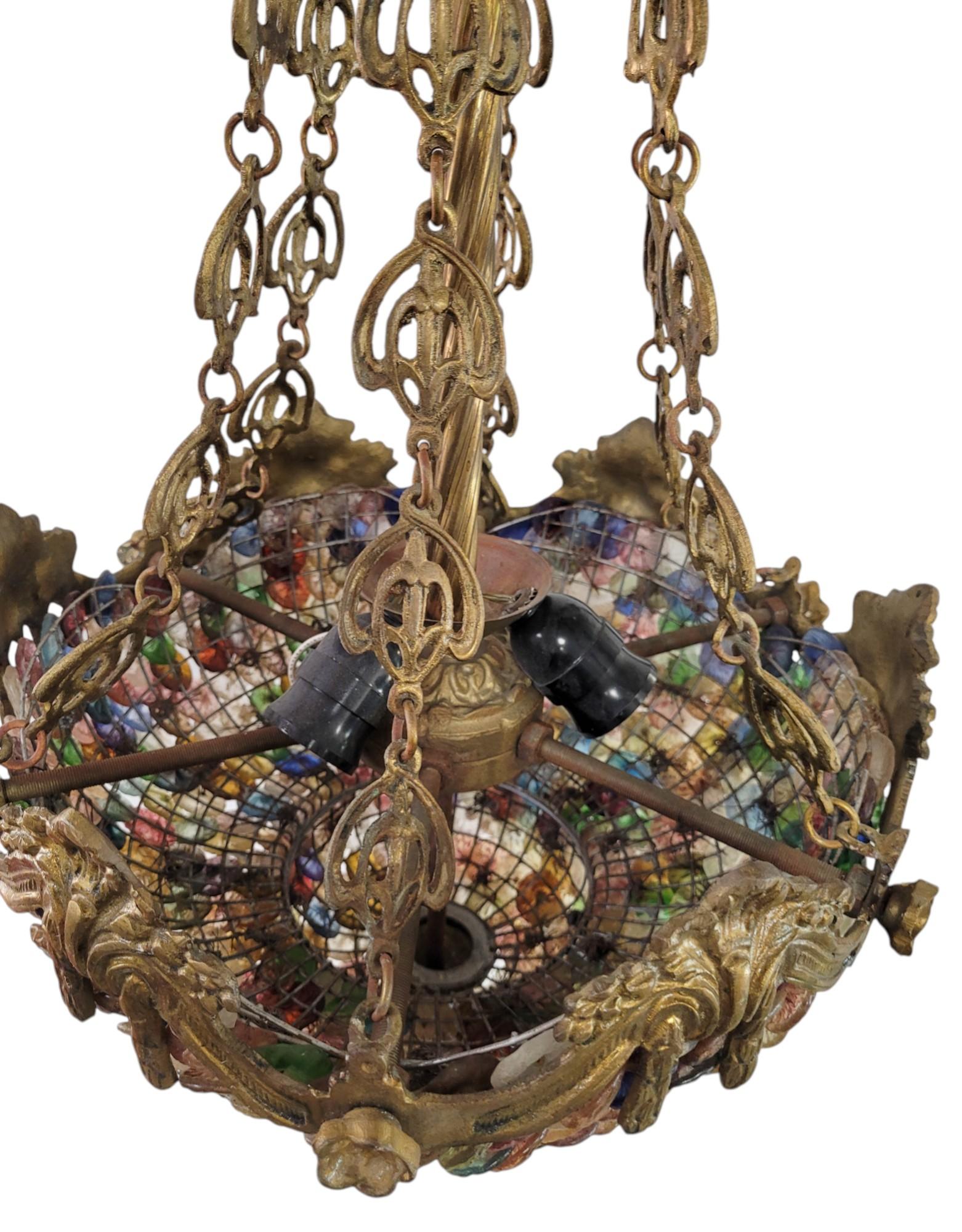 Art Glass Gilt Bronze Venetian Multi-Colored Glass Pastille Chandelier For Sale