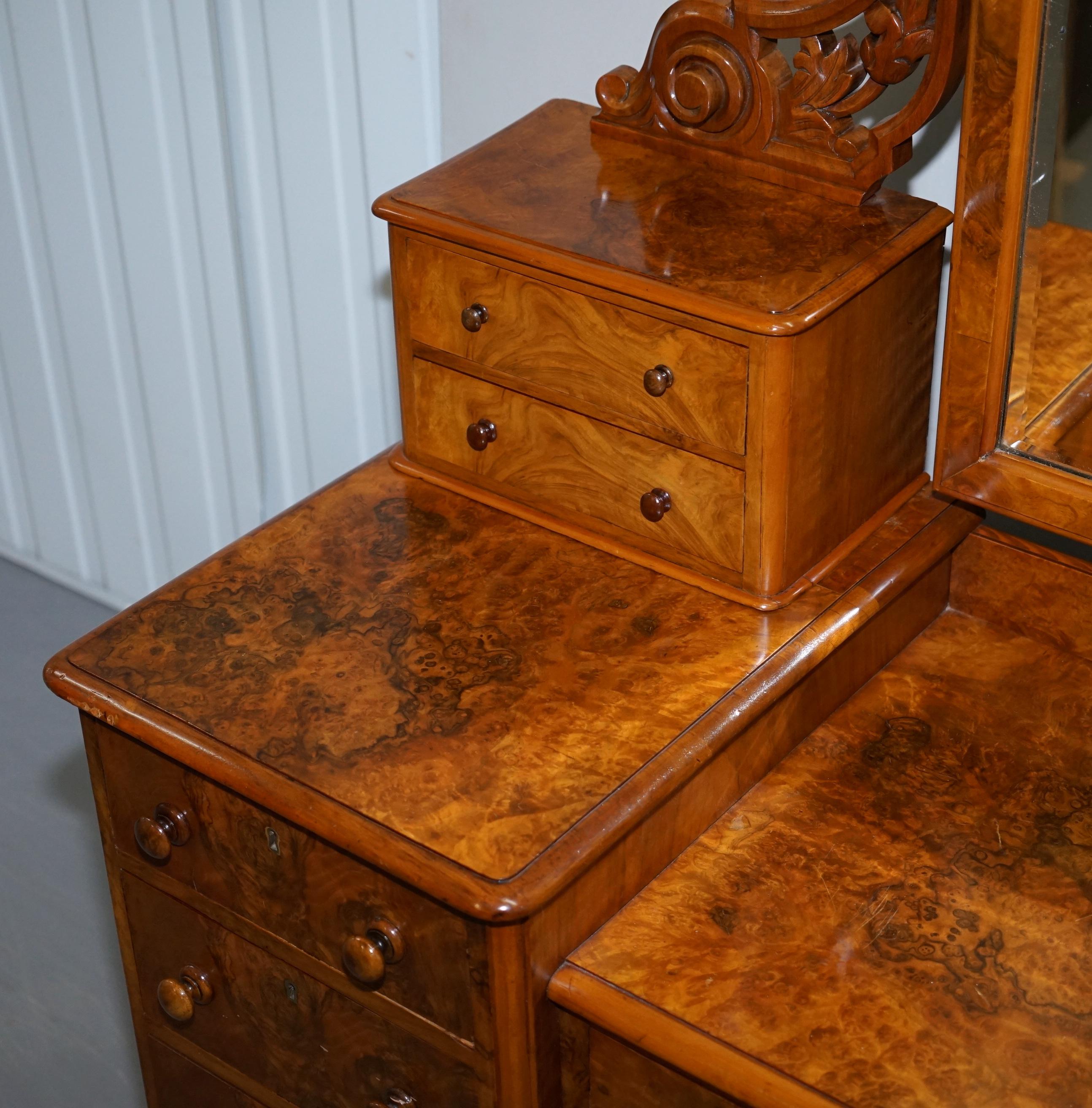 Exquisite Antique Victorian Burr Walnut Dressing Table Drawers Original Mirror 5