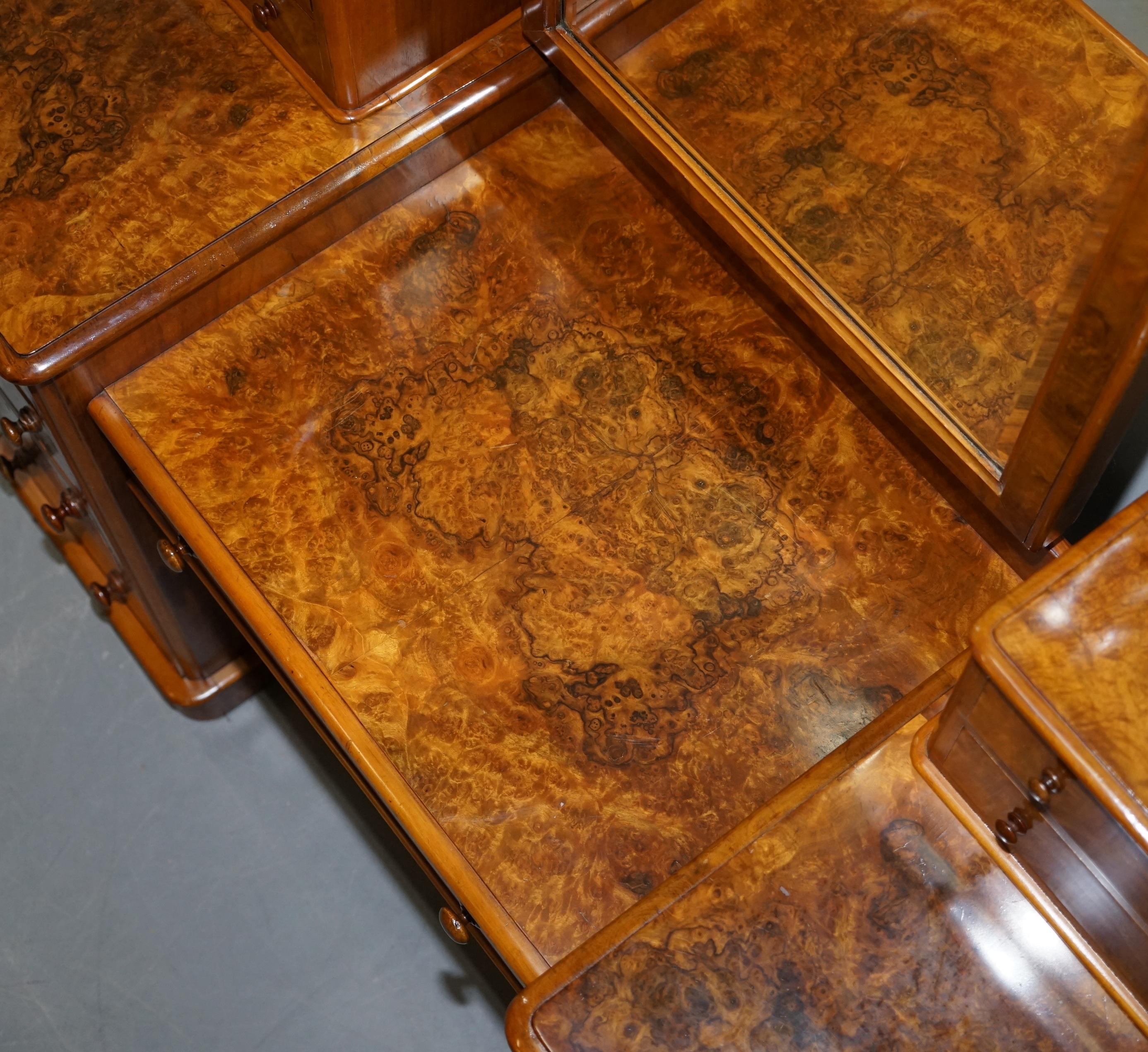 Exquisite Antique Victorian Burr Walnut Dressing Table Drawers Original Mirror 6