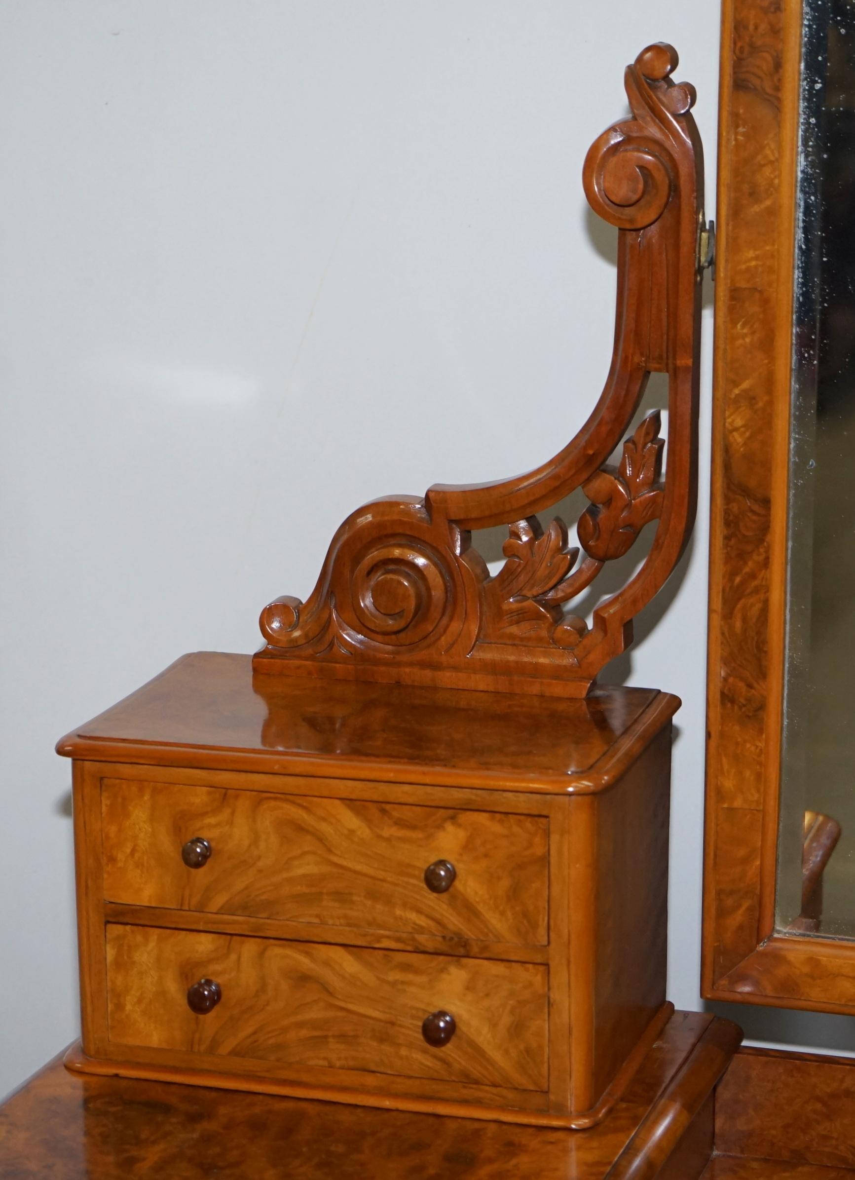 Exquisite Antique Victorian Burr Walnut Dressing Table Drawers Original Mirror 7