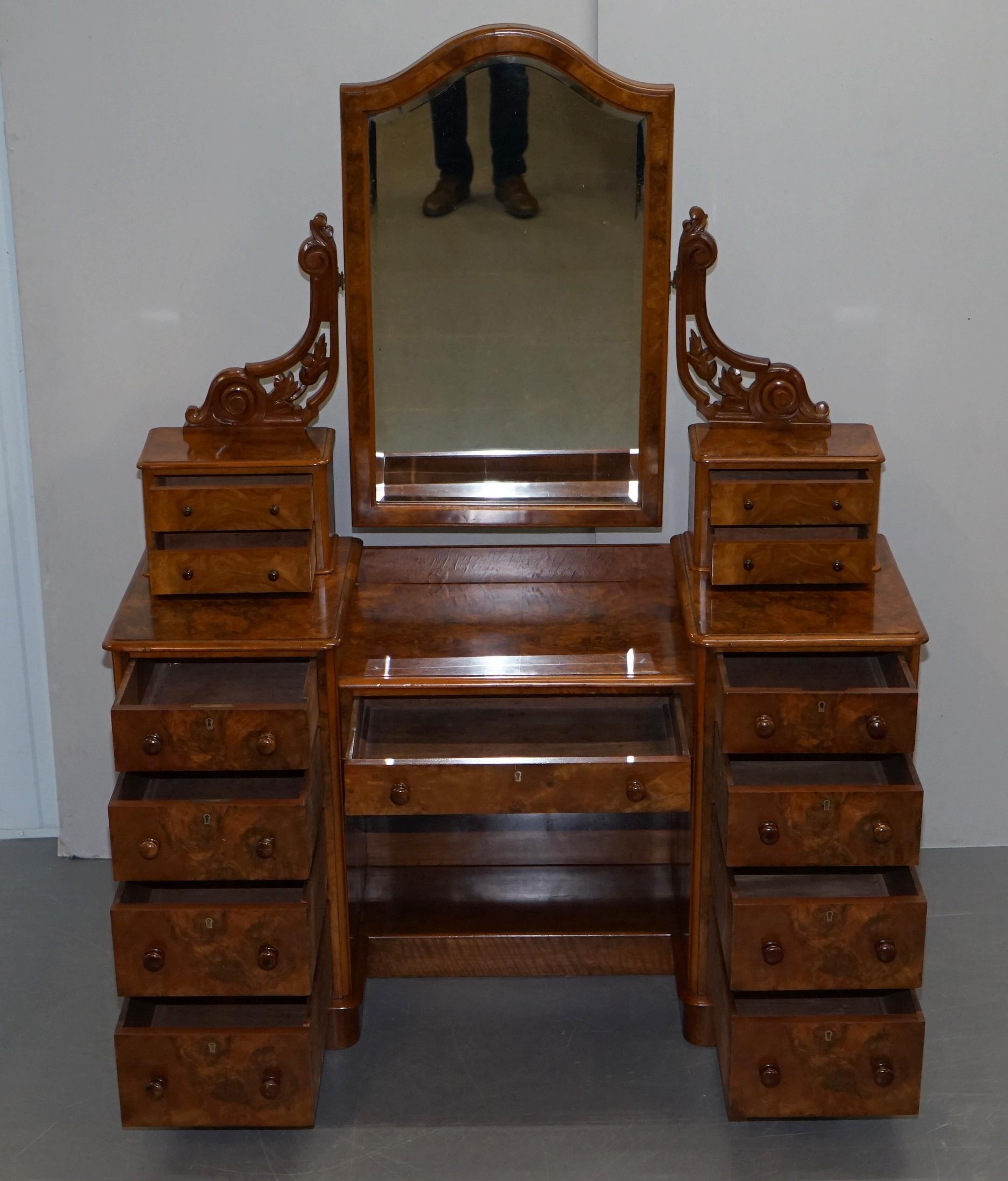 Exquisite Antique Victorian Burr Walnut Dressing Table Drawers Original Mirror 12