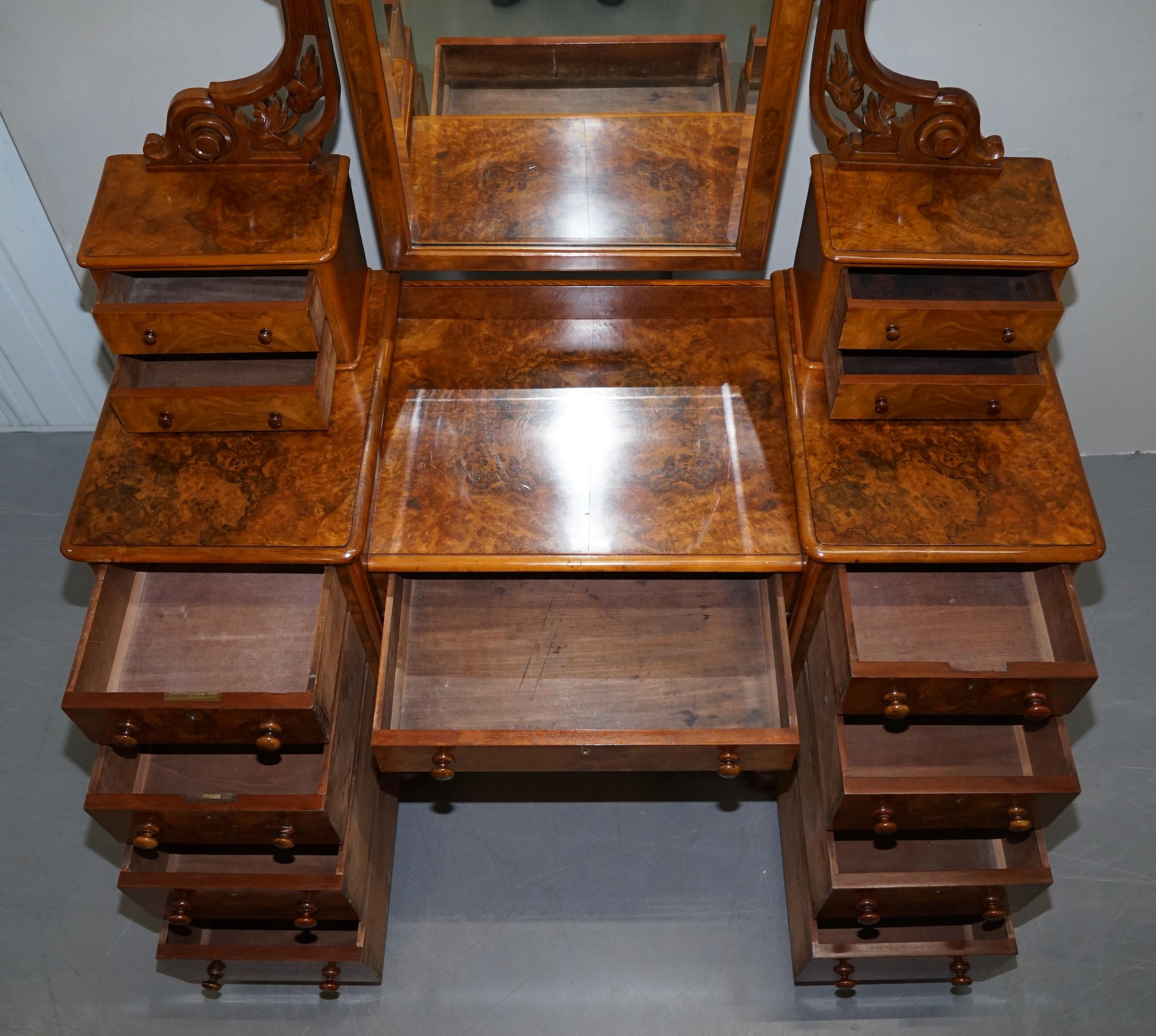 Exquisite Antique Victorian Burr Walnut Dressing Table Drawers Original Mirror 13