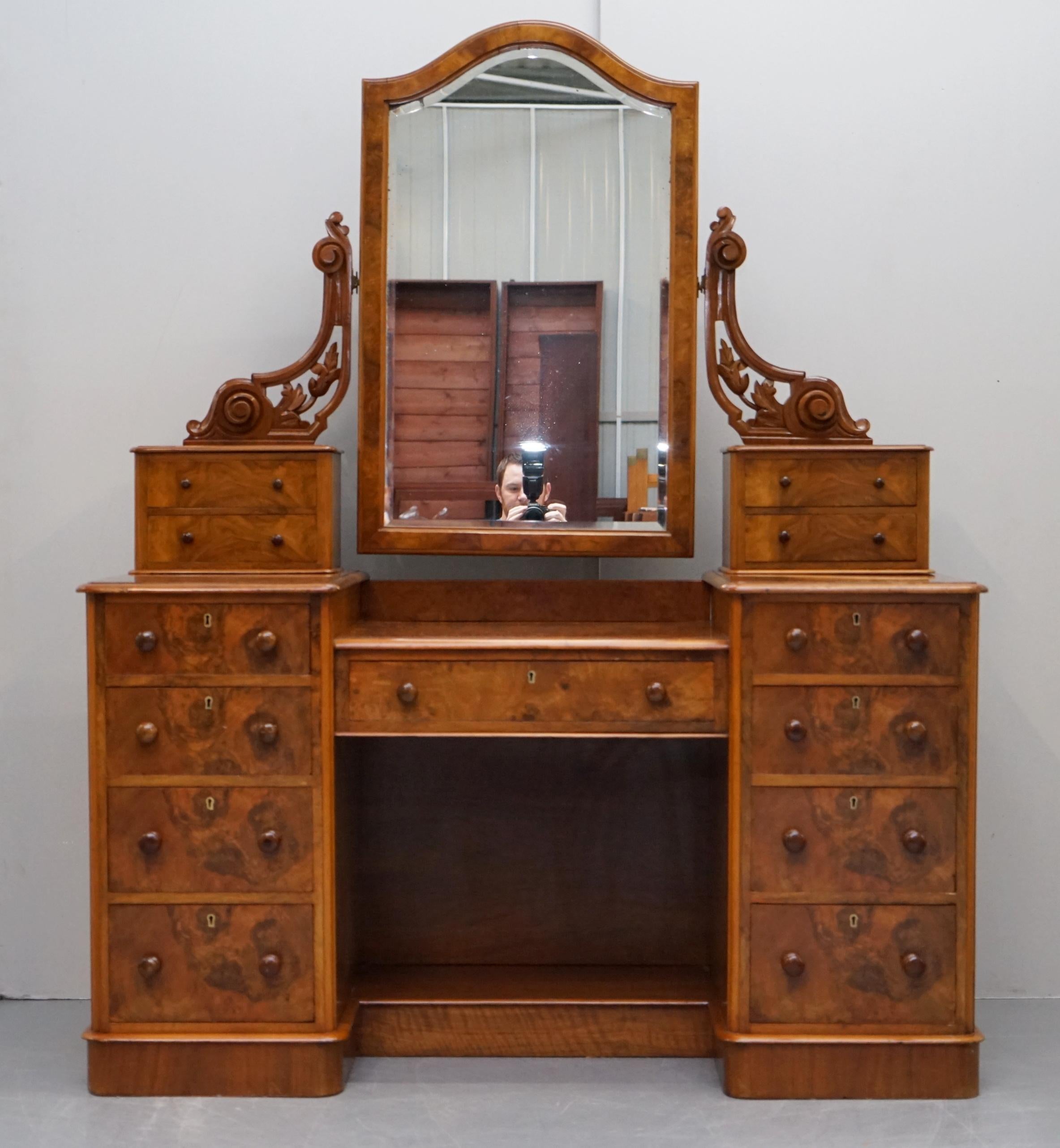 We are delighted to offer for sale this lovely hand made in England circa 1880 completely bur walnut dressing table with original mirror

This is pretty much the best looking and well made dressing table you will ever see, the timber cuts of