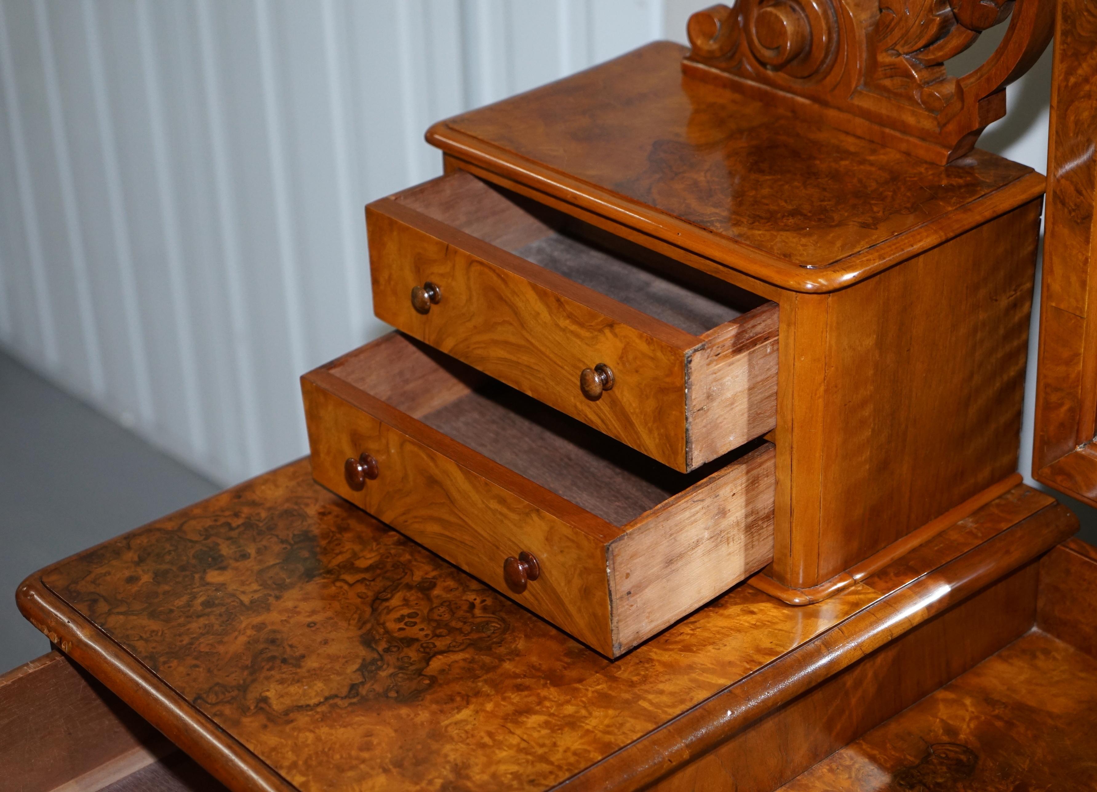 Exquisite Antique Victorian Burr Walnut Dressing Table Drawers Original Mirror 15