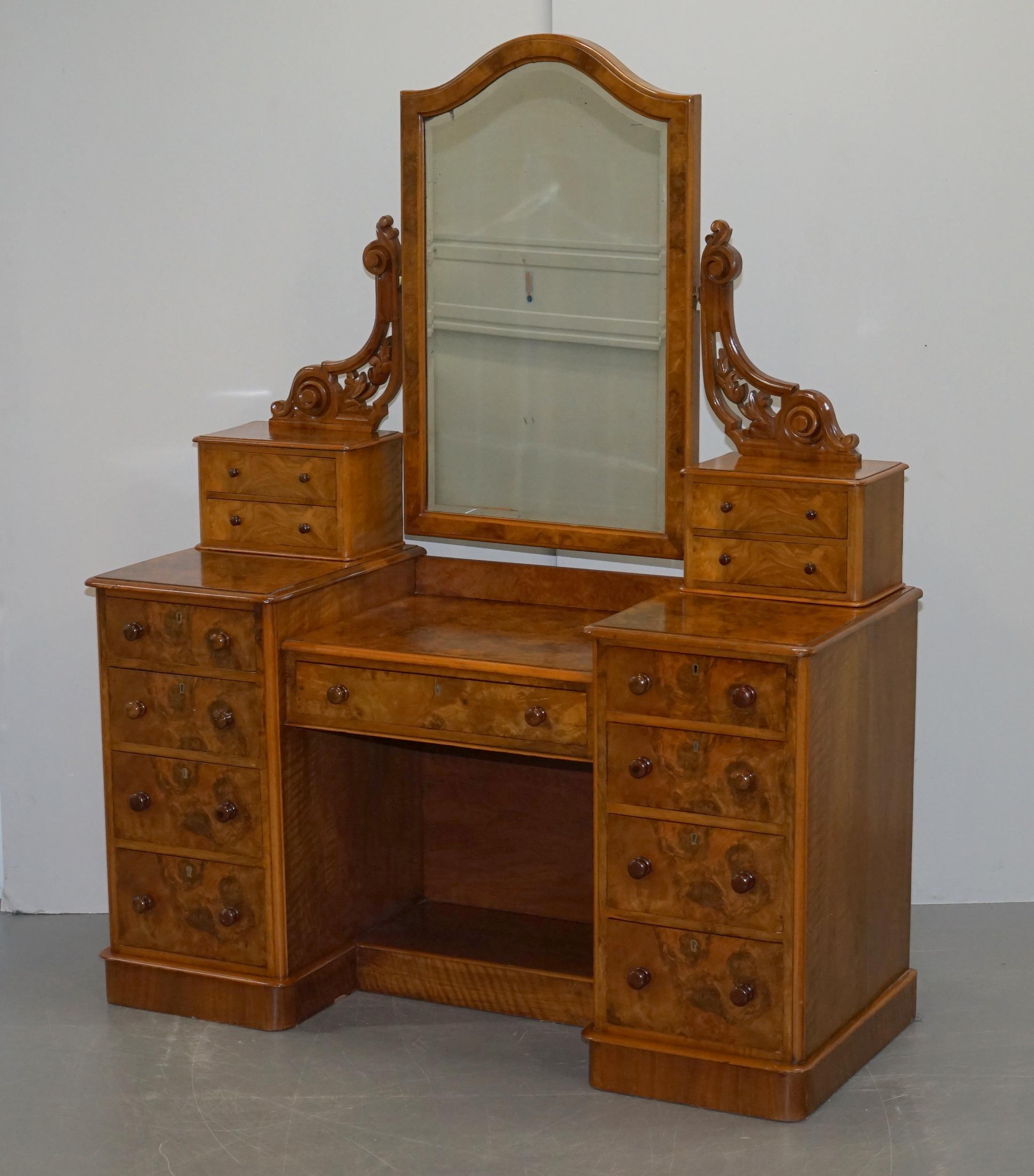 English Exquisite Antique Victorian Burr Walnut Dressing Table Drawers Original Mirror