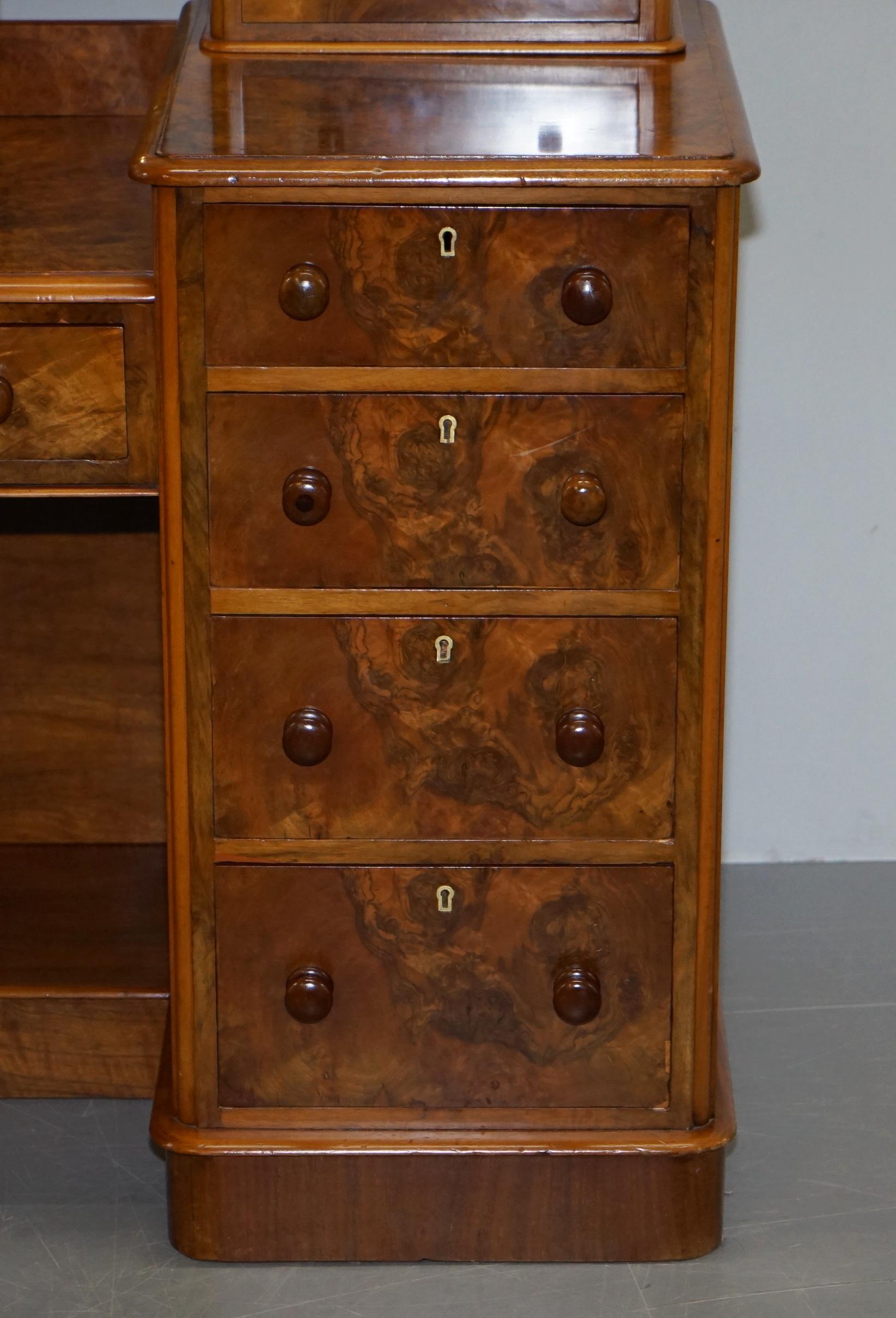 Exquisite Antique Victorian Burr Walnut Dressing Table Drawers Original Mirror 2