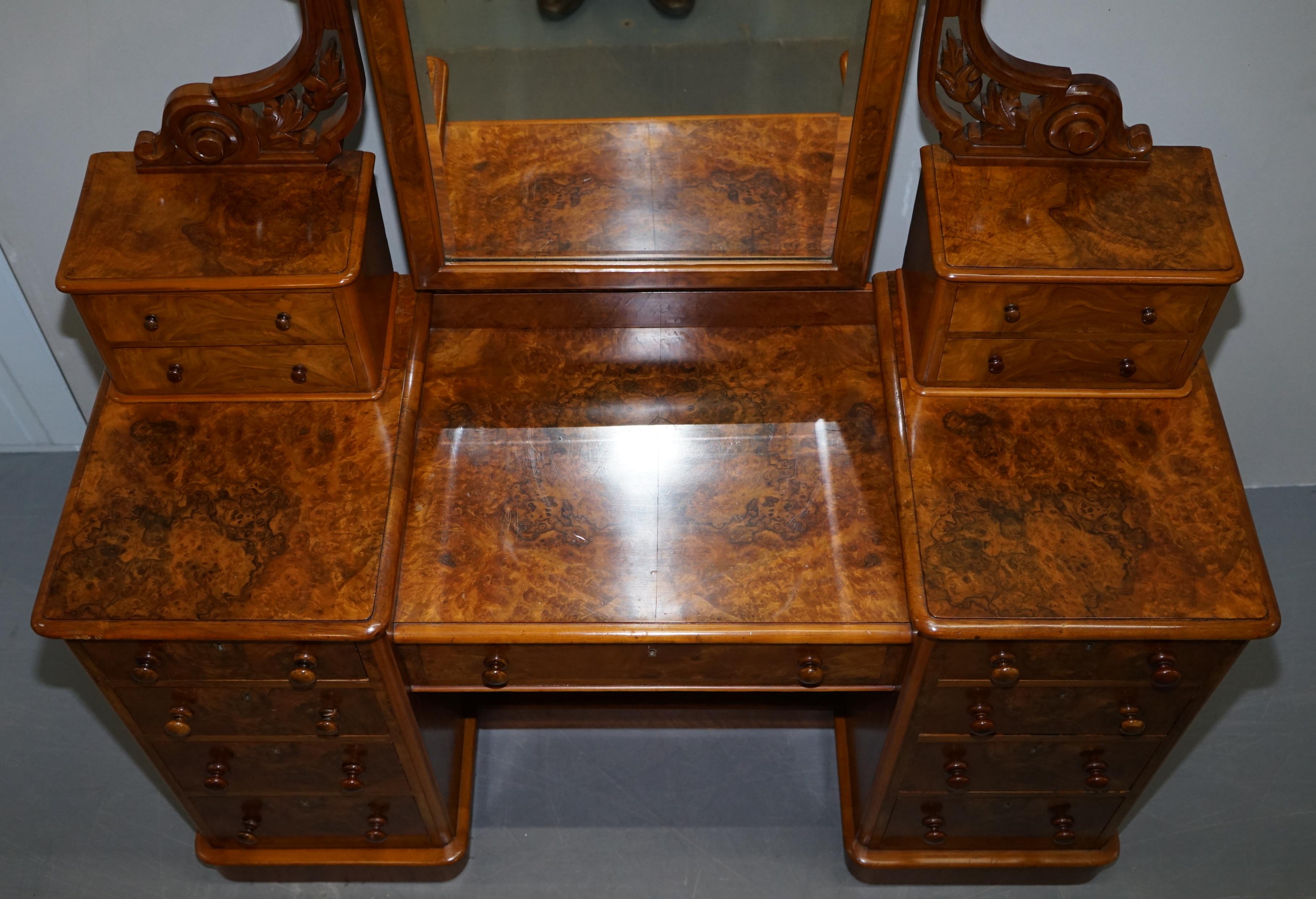 Exquisite Antique Victorian Burr Walnut Dressing Table Drawers Original Mirror 4