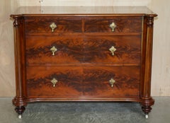 Exquisite Antique Victorian Flamed Hardwood Chest of Drawers Porcelain Castors