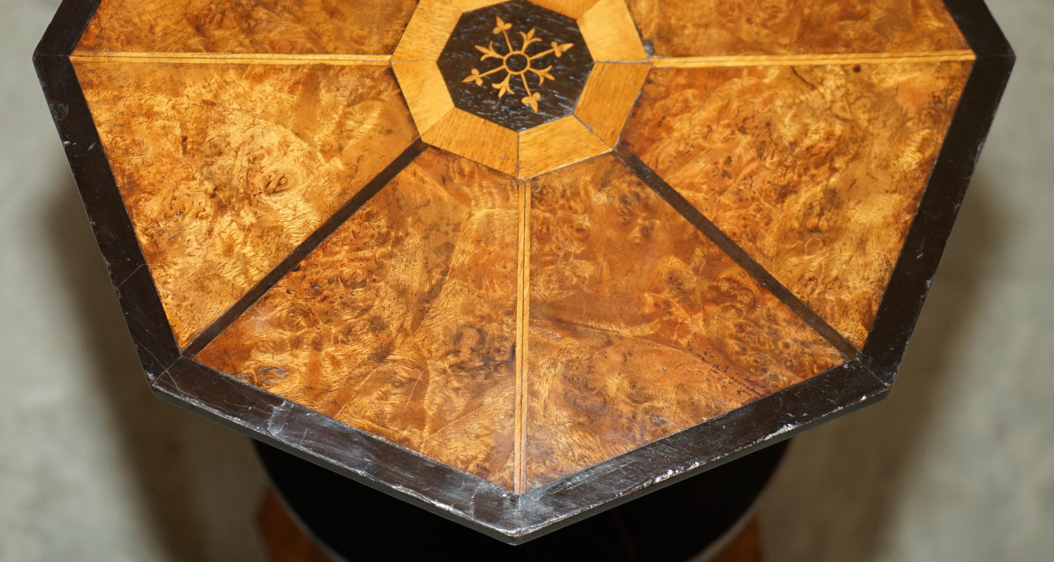 Hand-Crafted EXQUISITE ANTIQUE VICTORIAN HEXAGONAL BURR WALNUT THREE TIERED SiDE END TABLE For Sale