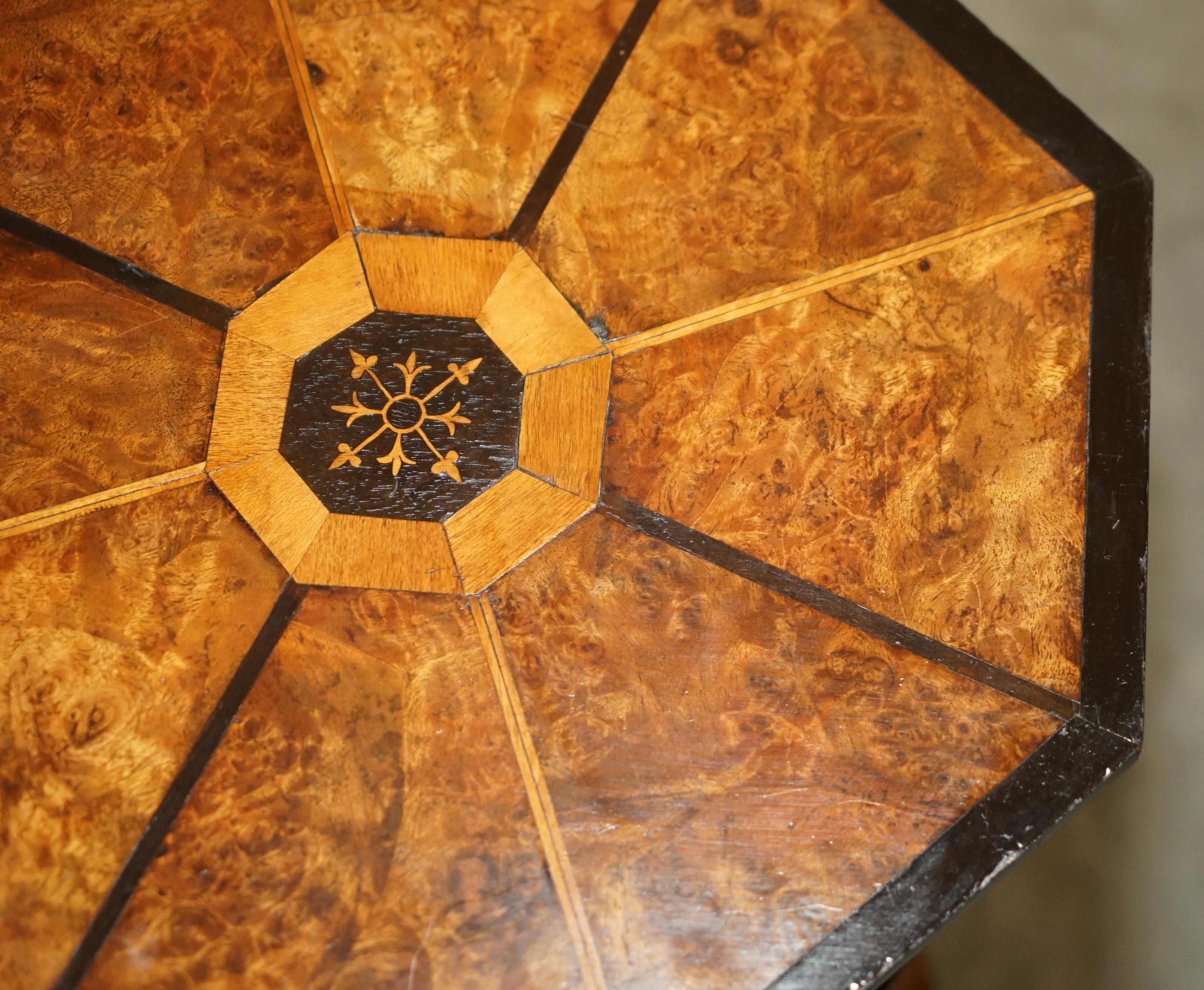 Walnut EXQUISITE ANTIQUE VICTORIAN HEXAGONAL BURR WALNUT THREE TIERED SiDE END TABLE For Sale