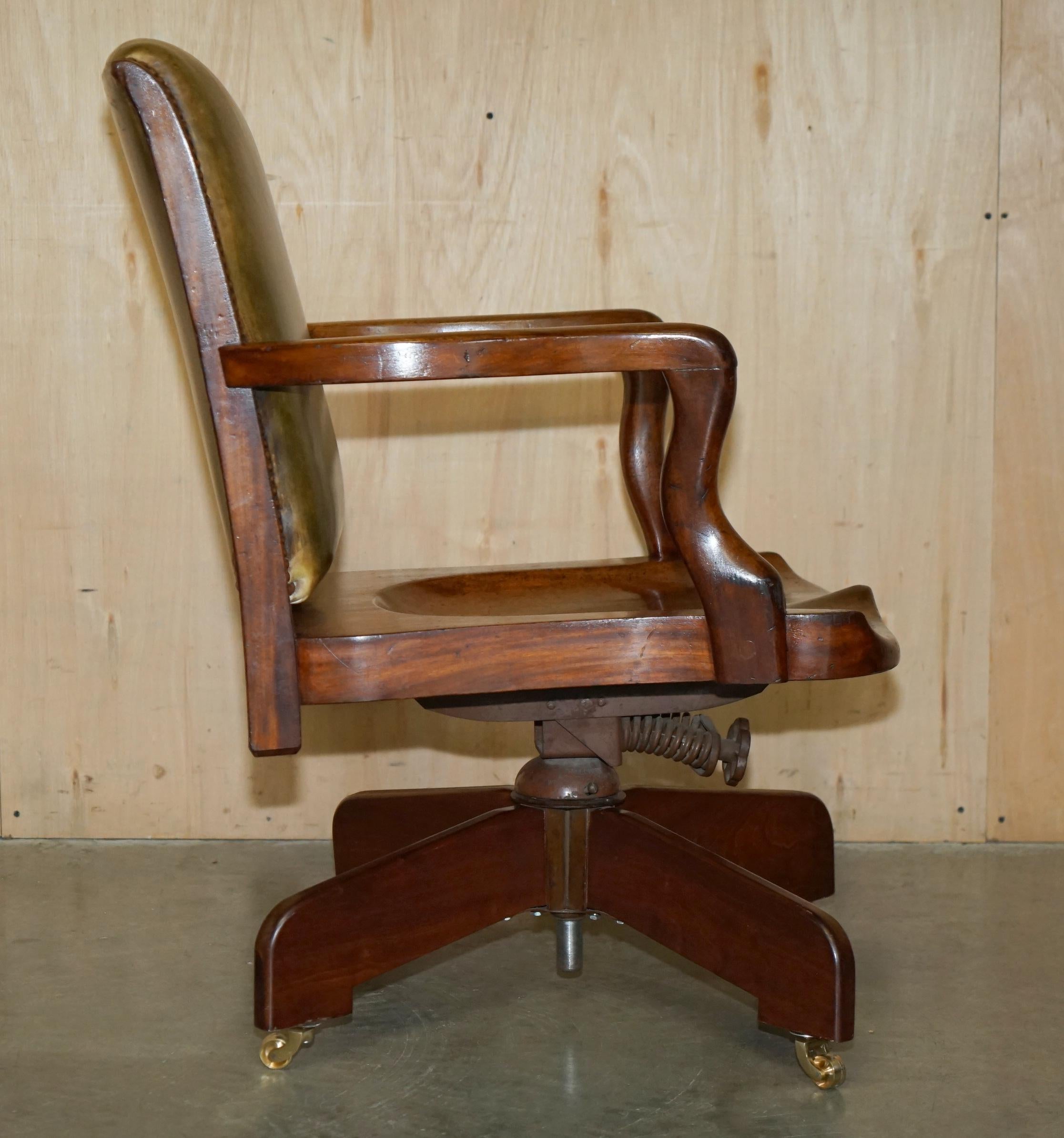 EXQUISITE ANTIQUE VICTORIAN HILLCREST GREEN LEATHER OFFICE SWIVEL ARMCHAiR 4
