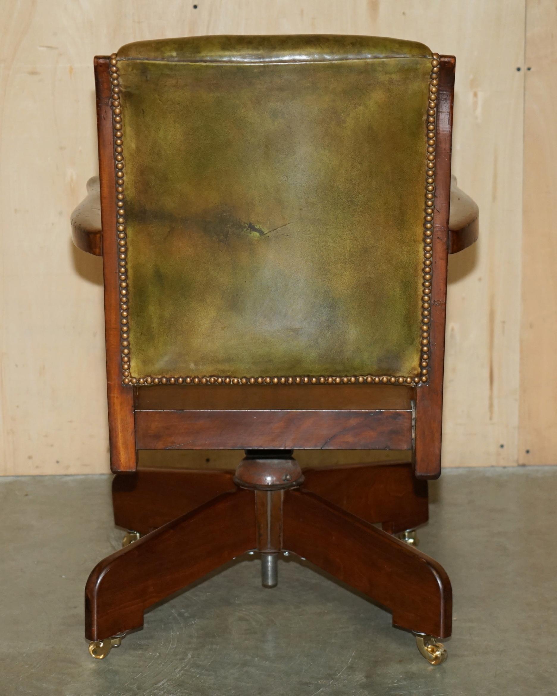 EXQUISITE ANTIQUE VICTORIAN HILLCREST GREEN LEATHER OFFICE SWIVEL ARMCHAiR 8