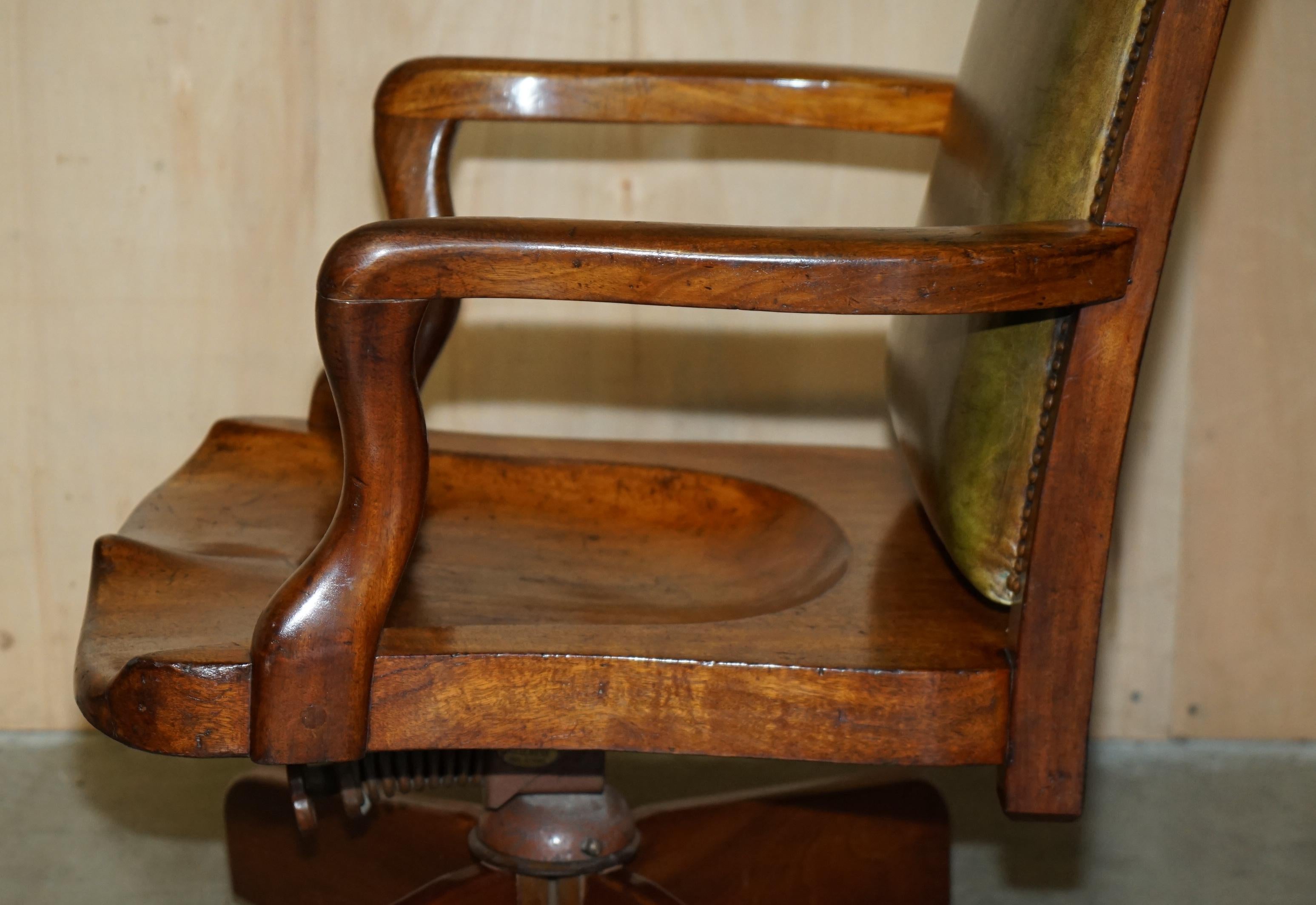 EXQUISITE ANTIQUE VICTORIAN HILLCREST GREEN LEATHER OFFICE SWIVEL ARMCHAiR 10