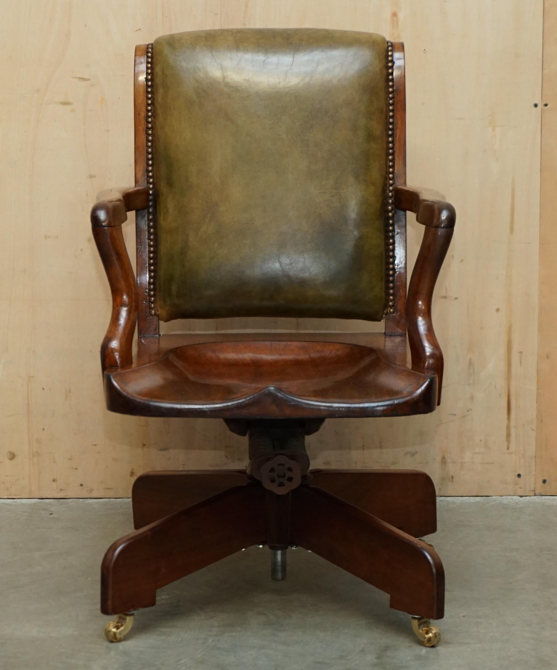 Royal House Antiques

Royal House Antiques is delighted to offer for sale this exceptionally rare and super collectable Antique Victorian Hillcrest office swivel armchair with green leather back rest and sculpted seat 

Please note the delivery fee