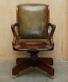 Exquis ARMCHAiR ANTIQUE VICtoriaN HILLCREST GREEN LEATHER OFFICE SWIVEL ARMCHAiR