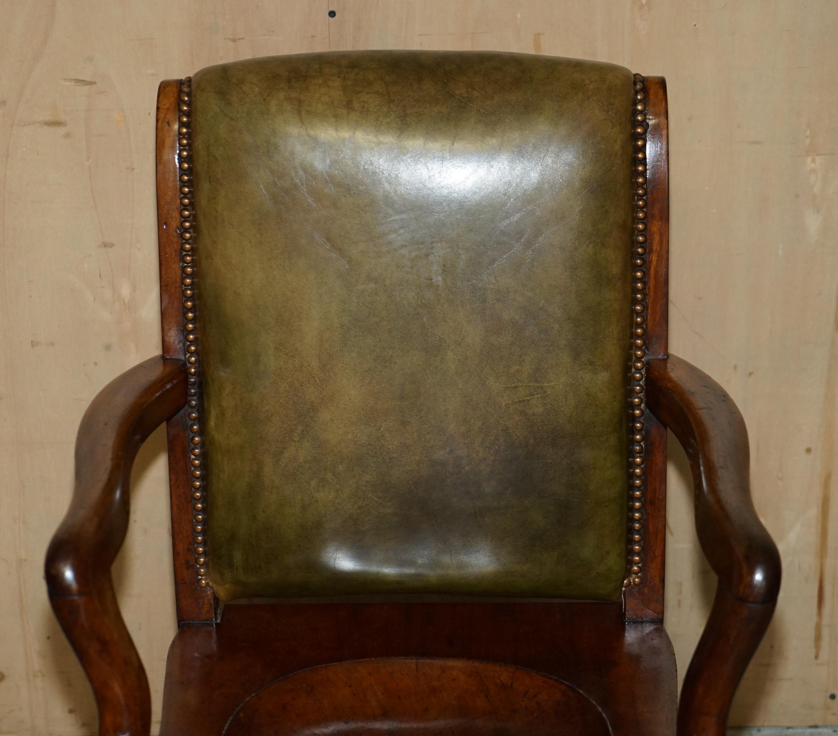 English EXQUISITE ANTIQUE VICTORIAN HILLCREST GREEN LEATHER OFFICE SWIVEL ARMCHAiR