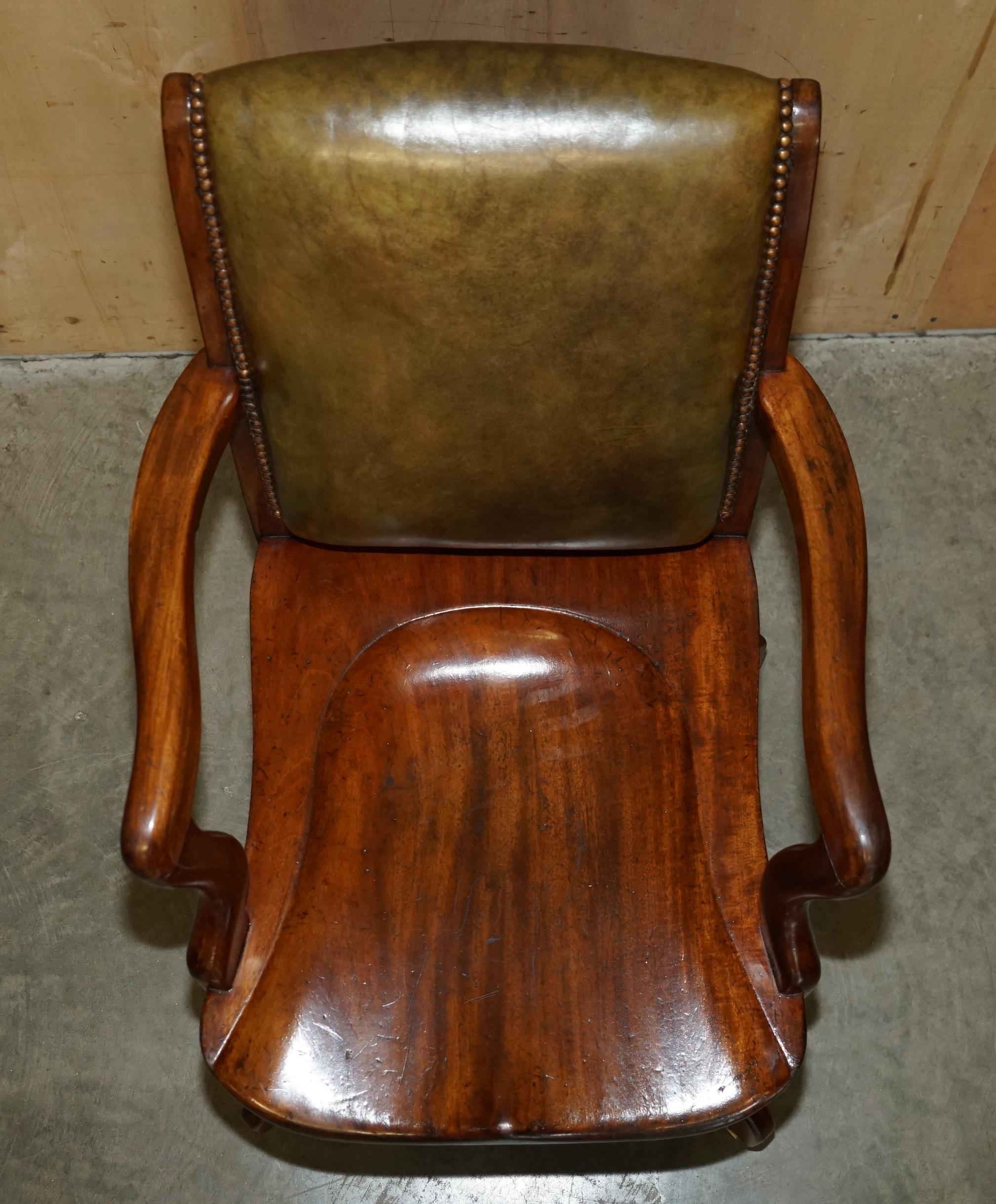 Hand-Crafted EXQUISITE ANTIQUE VICTORIAN HILLCREST GREEN LEATHER OFFICE SWIVEL ARMCHAiR