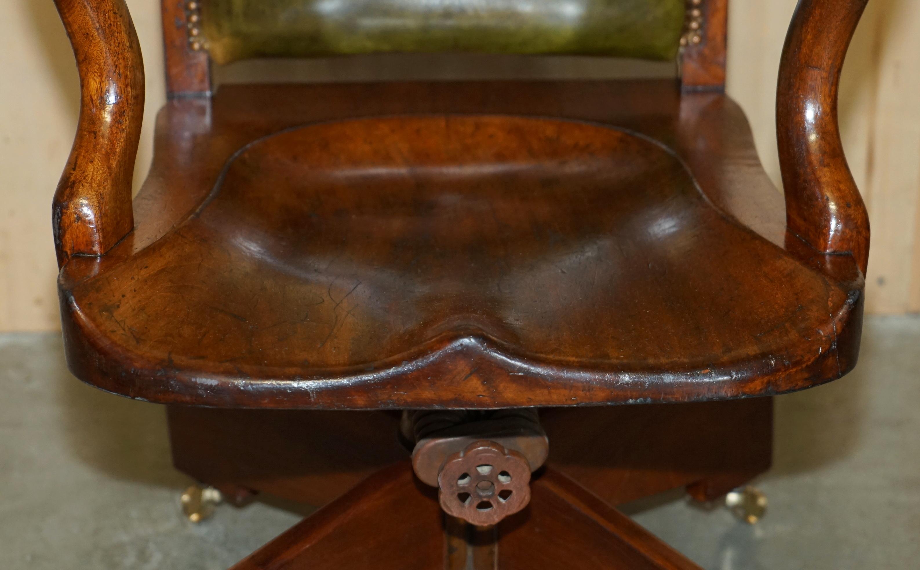 EXQUISITE ANTIQUE VICTORIAN HILLCREST GREEN LEATHER OFFICE SWIVEL ARMCHAiR 1