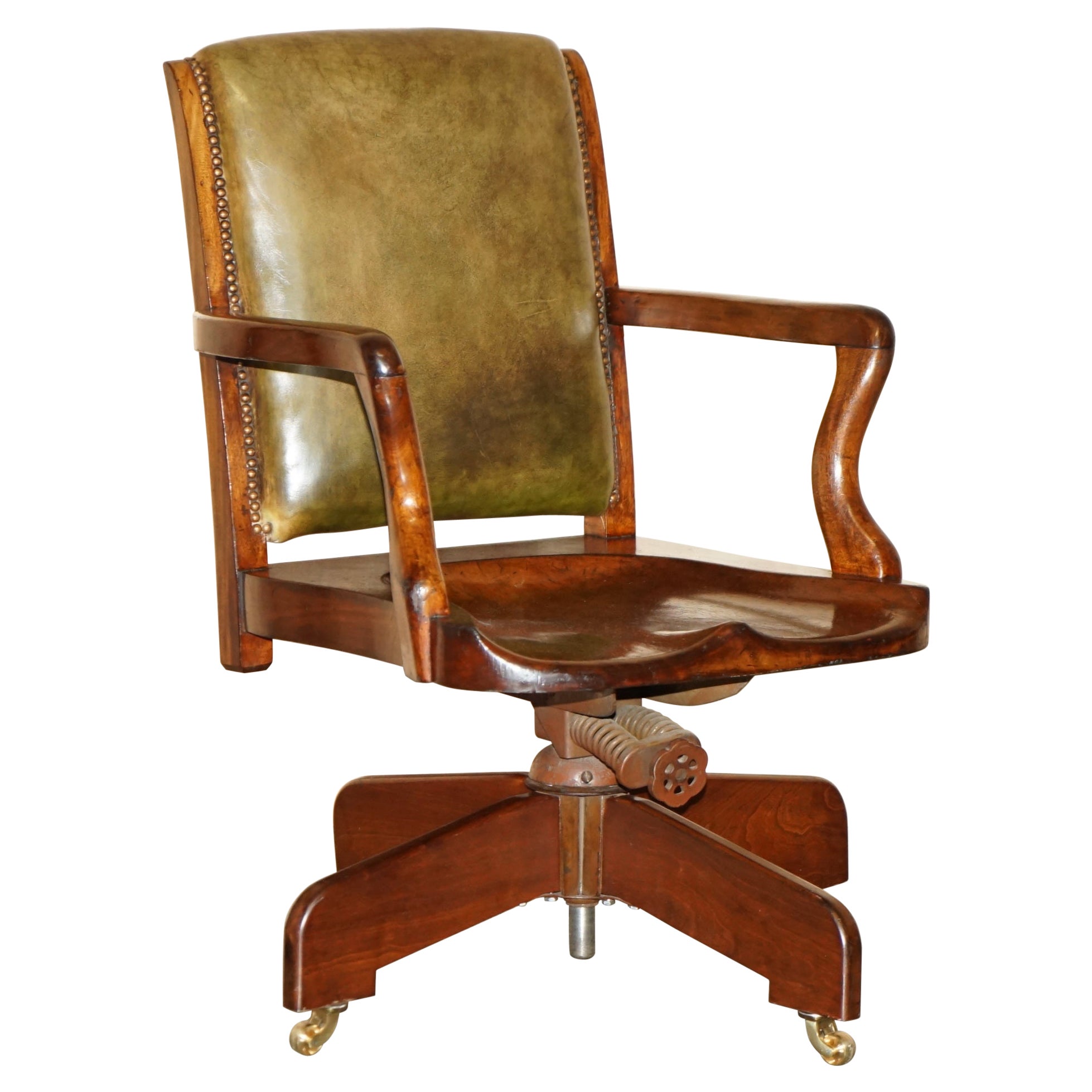 EXQUISITE ANTIQUE VICTORIAN HILLCREST GREEN LEATHER OFFICE SWIVEL ARMCHAiR