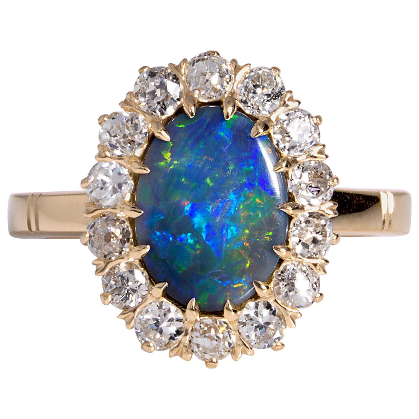 Exquisite Antique Victorian Lightning Ridge Black Opal Diamond Cluster Ring