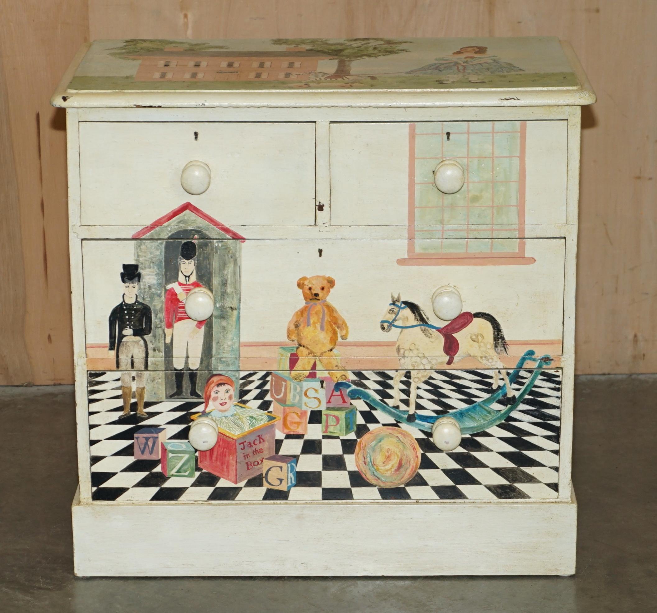Victorian EXQUISITE ANTIQUE VICTORIAN PITCH PINE NURSERY HAND PAINTED CHEST OF DRAWERs For Sale