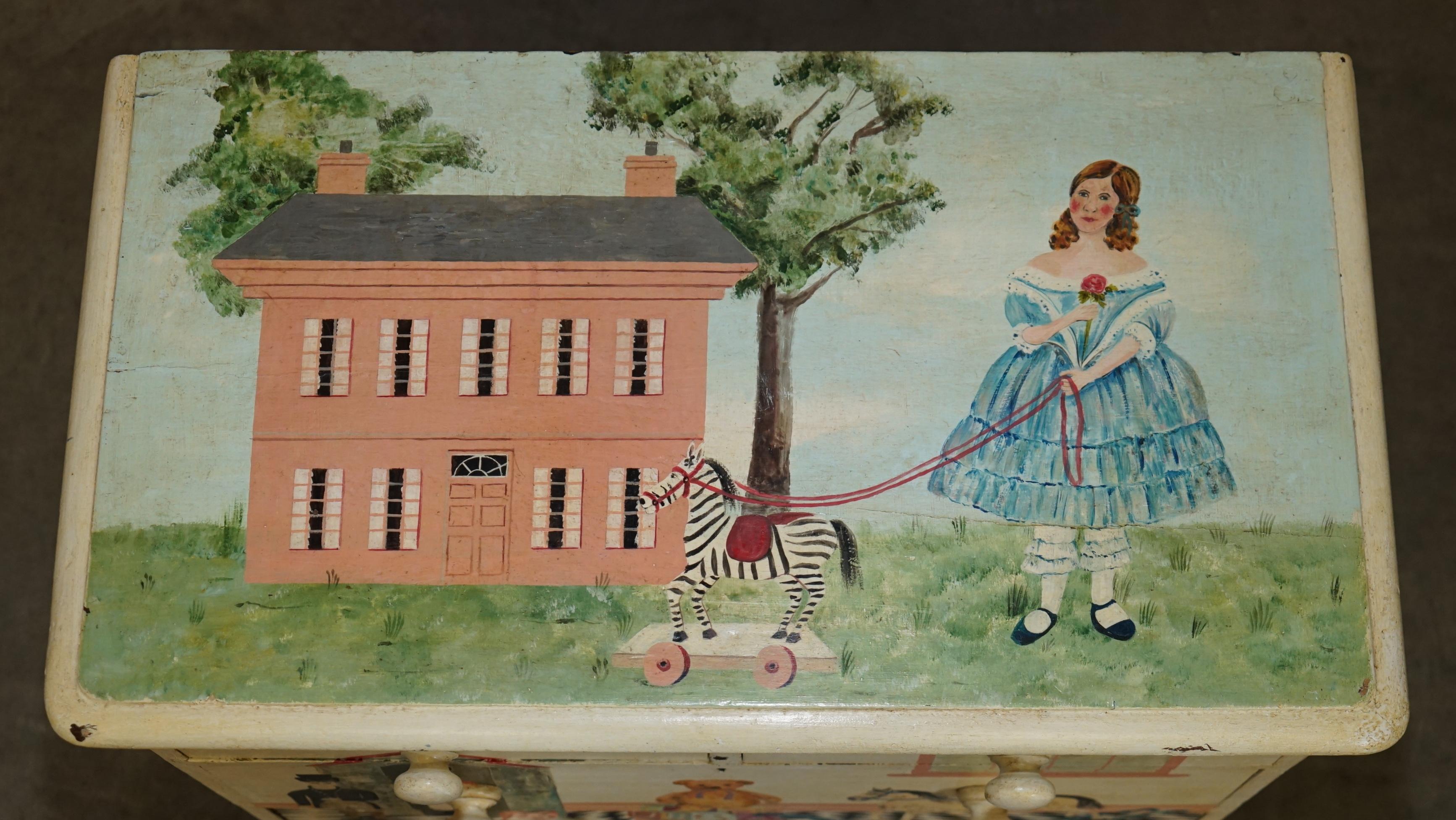 English EXQUISITE ANTIQUE VICTORIAN PITCH PINE NURSERY HAND PAINTED CHEST OF DRAWERs For Sale