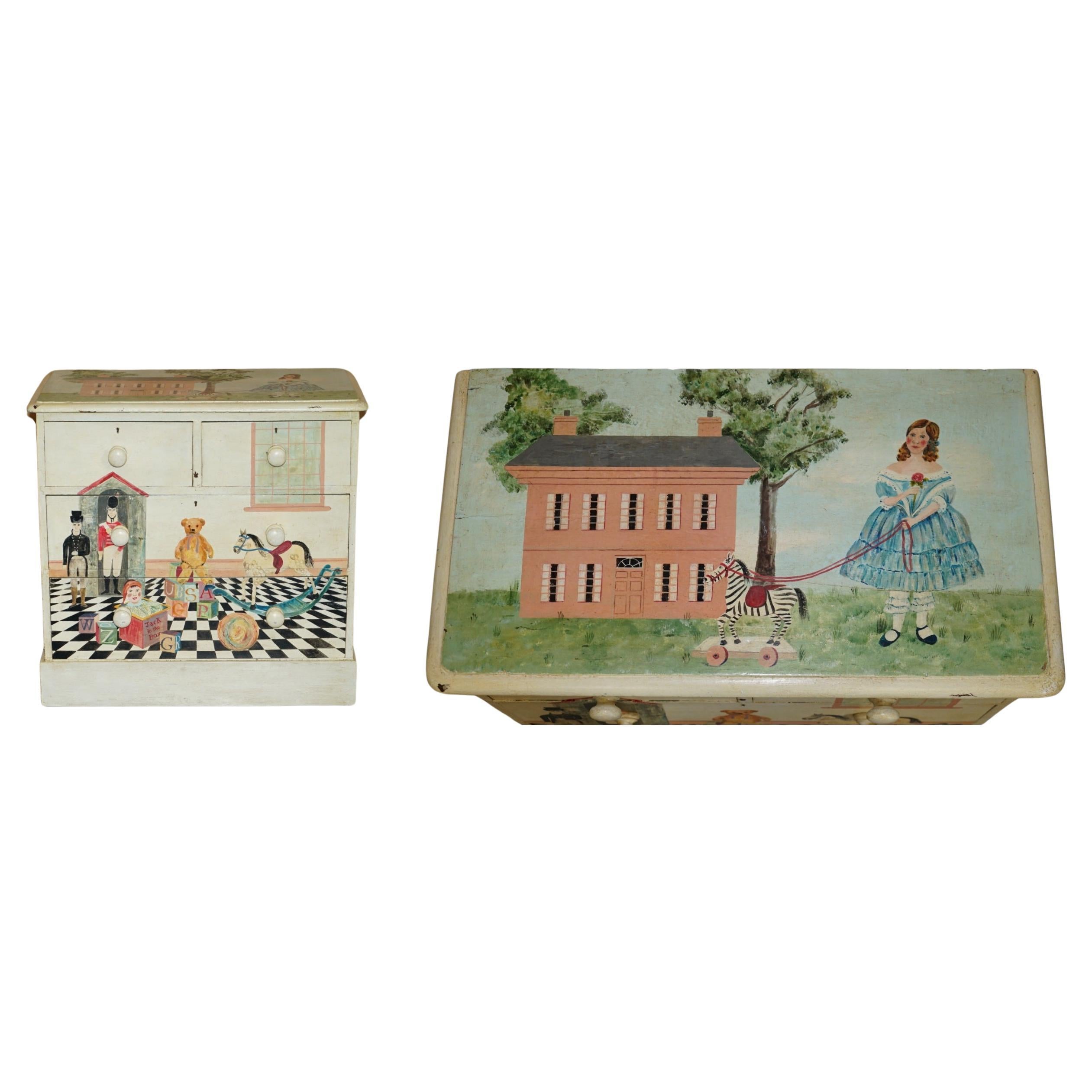 EXQUISITE ANTIQUE VICTORIAN PITCH PINE NURSERY HAND PAINTED CHEST OF DRAWERs For Sale