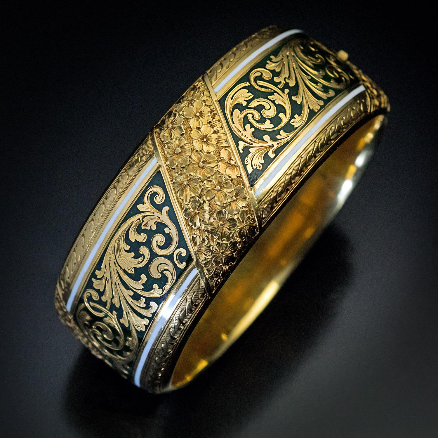 Women's Exquisite Antique Victorian Two-Color Enamel Engraved Gold Cuff Bracelet