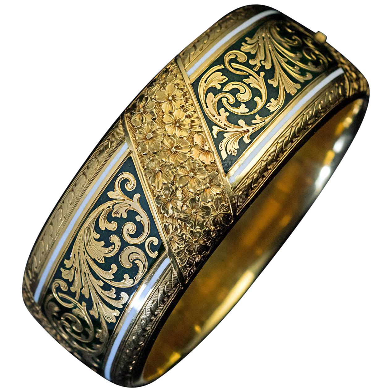Exquisite Antique Victorian Two-Color Enamel Engraved Gold Cuff Bracelet