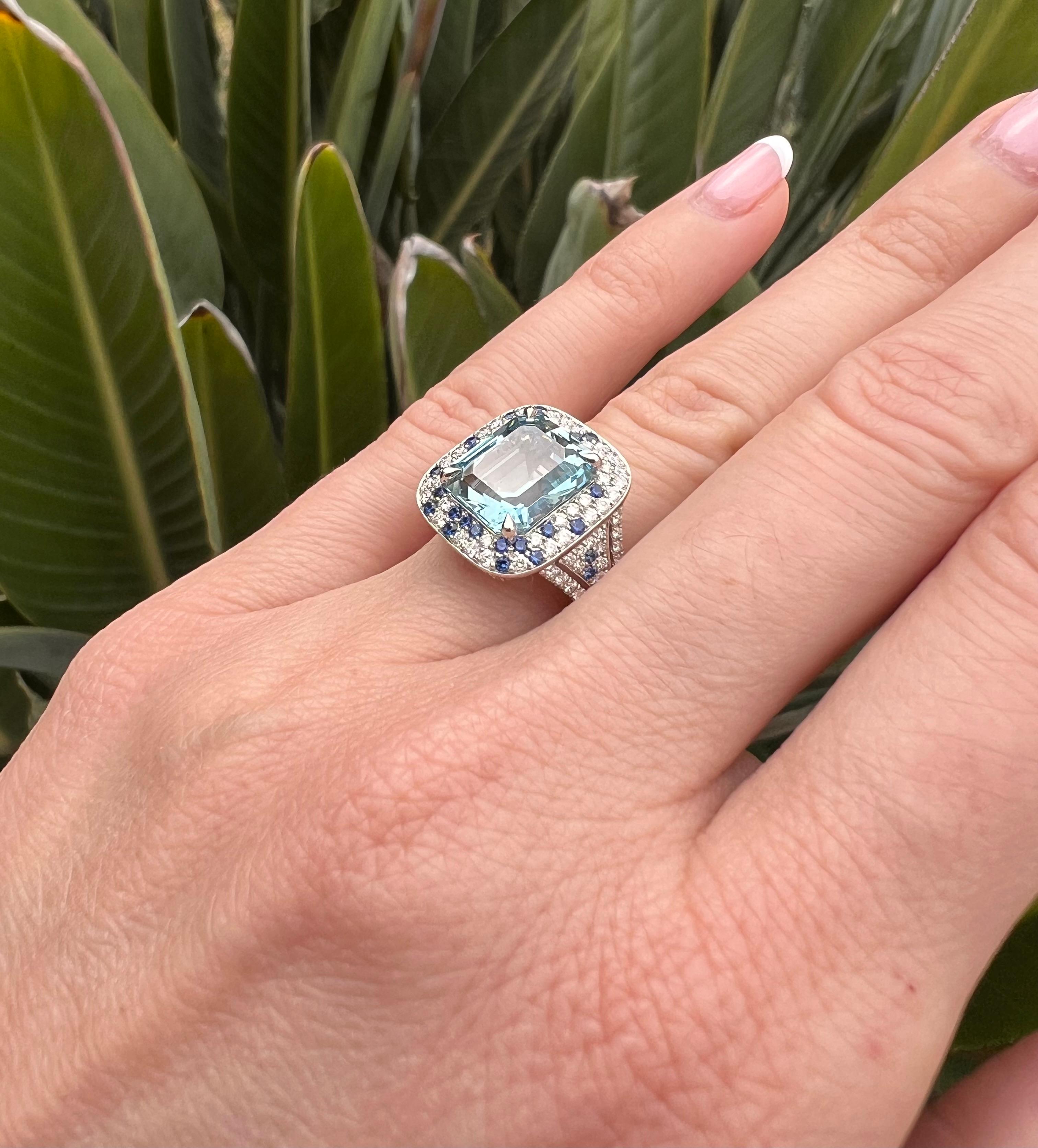 Exquisite Aquamarine Platinum Ring – Luxury Love Gift with Diamonds & Sapphires For Sale 3