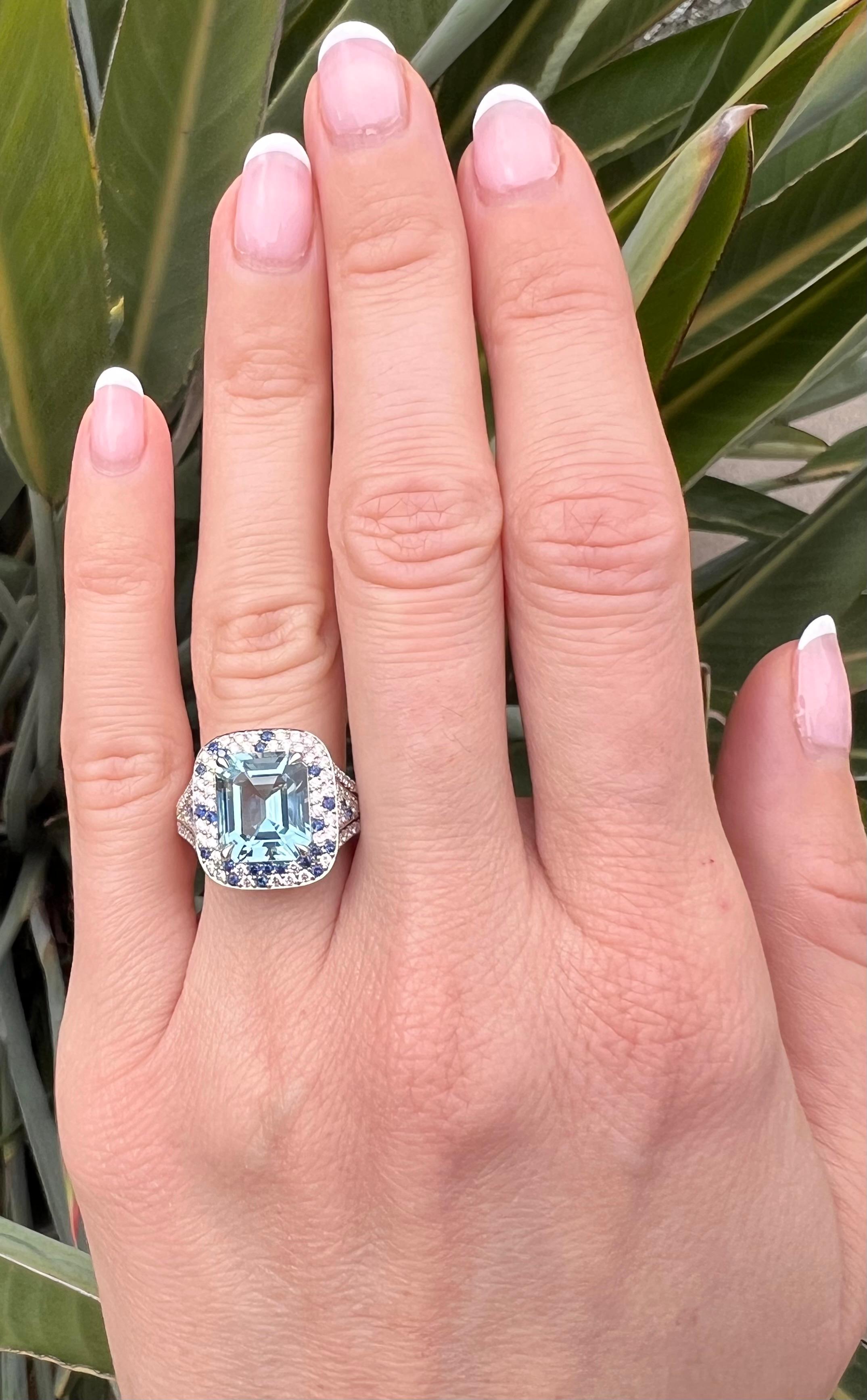Exquisite Aquamarine Platinum Ring – Luxury Love Gift with Diamonds & Sapphires For Sale 4