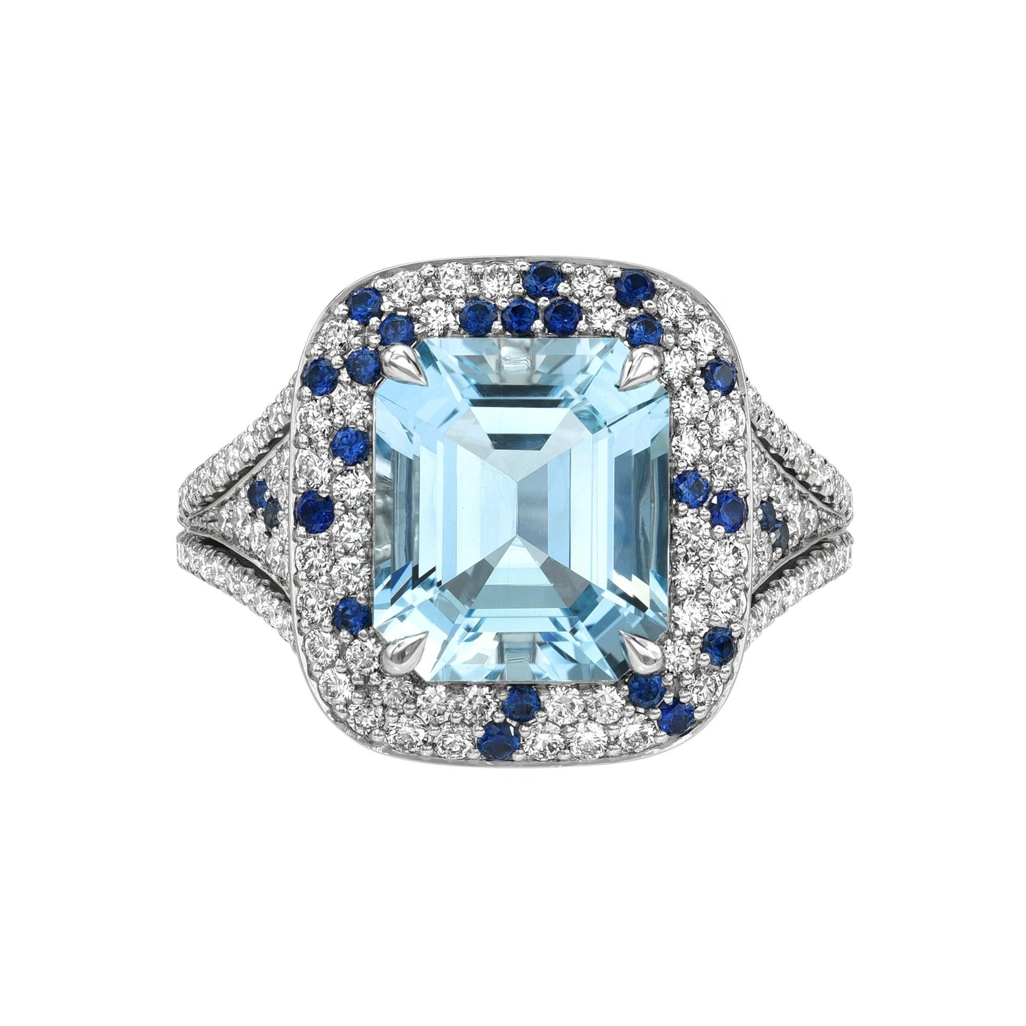 Squisito anello di acquamarina in platino - Regalo d'amore di lusso con diamanti e zaffiri in vendita 5