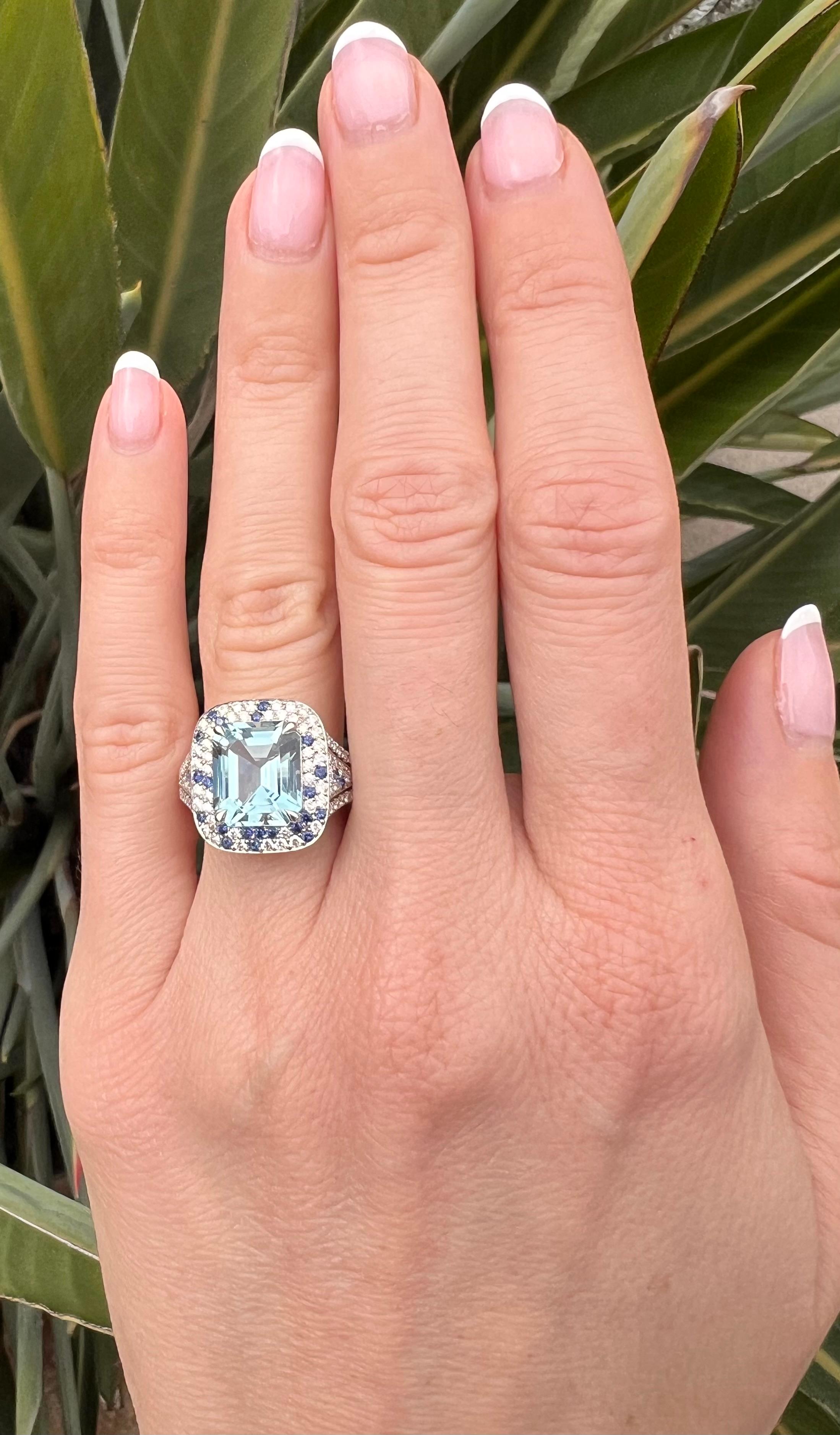 Exquisite Aquamarine Platinum Ring – Luxury Love Gift with Diamonds & Sapphires For Sale 5